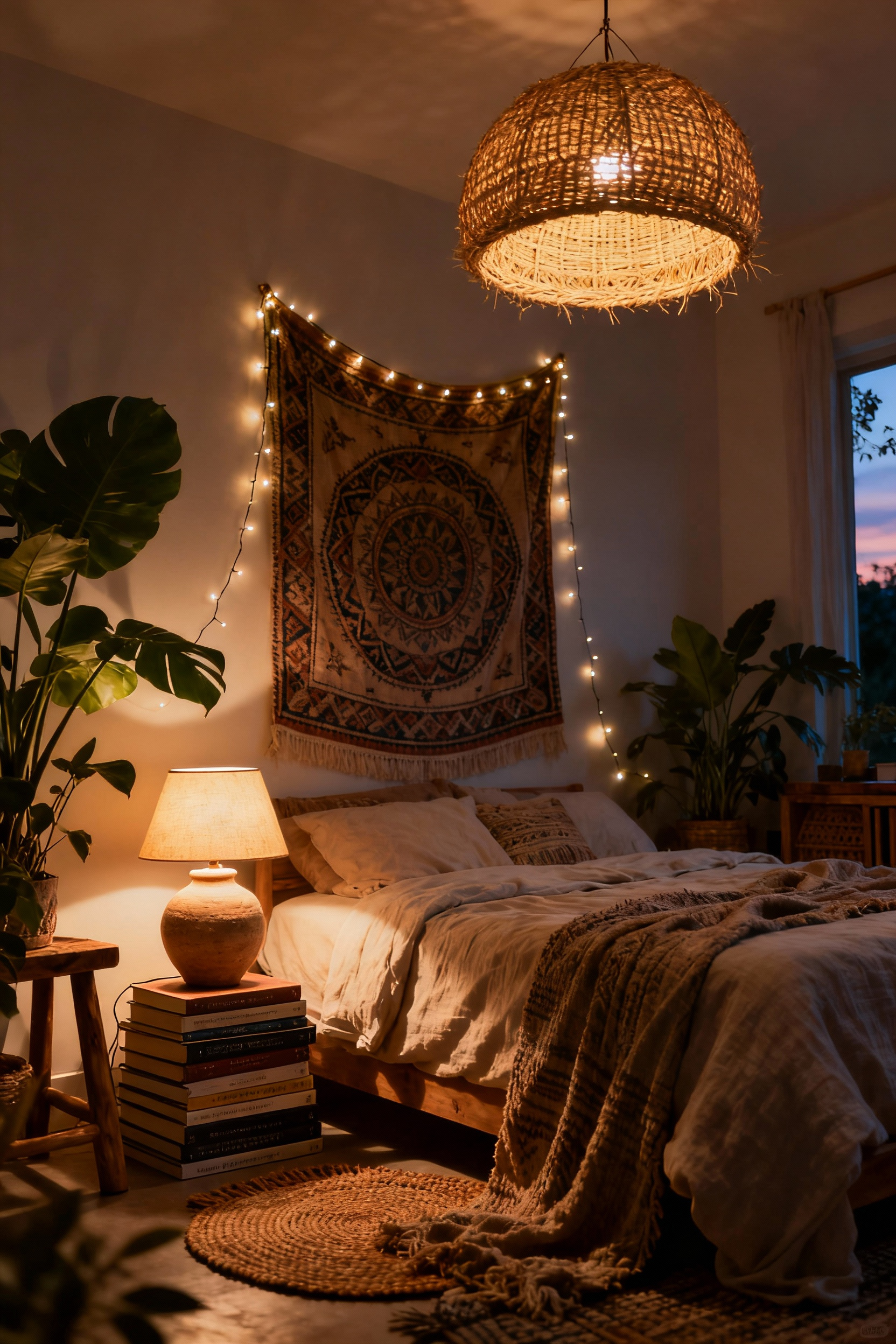 Bohemian bedroom interior at dusk, showcasing layered lighting with an overhead woven pendant, a bedside ceramic lamp, and string lights, creating a warm, inviting atmosphere with natural textures.