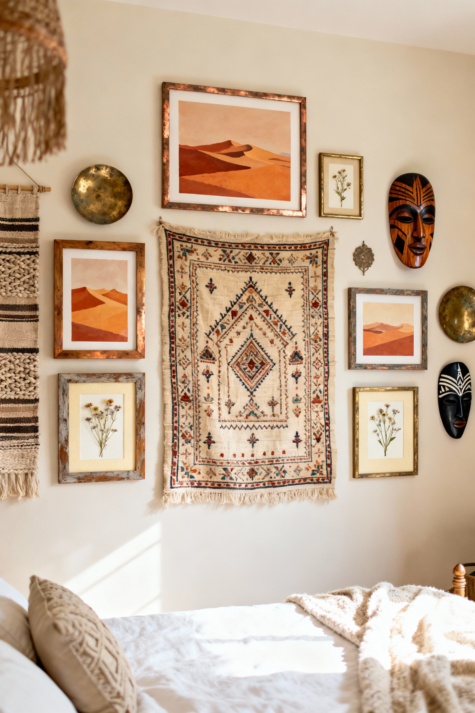 A bohemian bedroom featuring a meticulously arranged eclectic gallery wall, showcasing a collection of global art, including a Moroccan blanket, desert landscape paintings, and carved wooden masks. The wall evokes a sense of wanderlust and personal history.