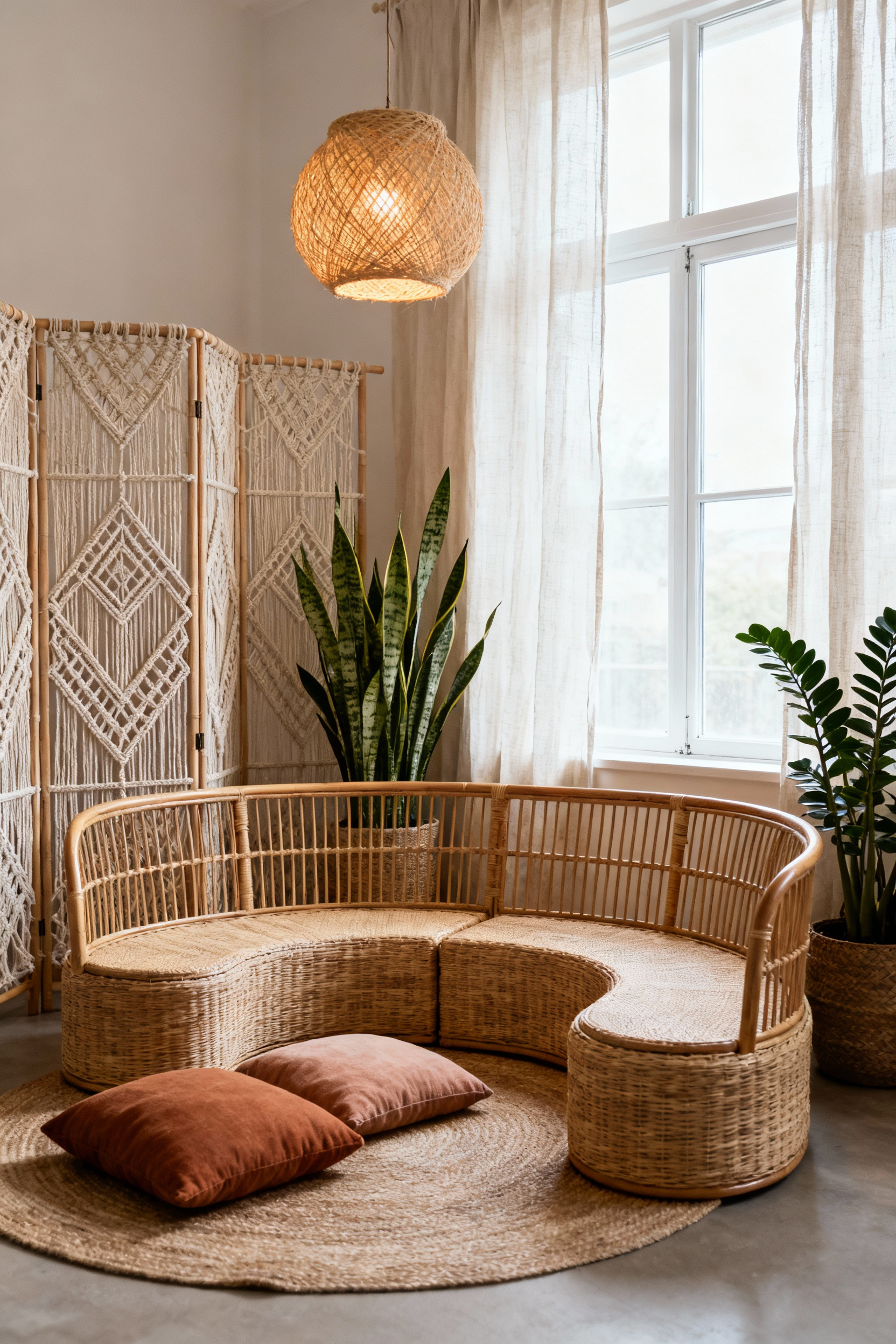 Bohemian bedroom corner with modular rattan seating, floor cushions, a macramé screen, and plants, designed for adaptive use as a meditation, creative, or relaxation zone with soft lighting.