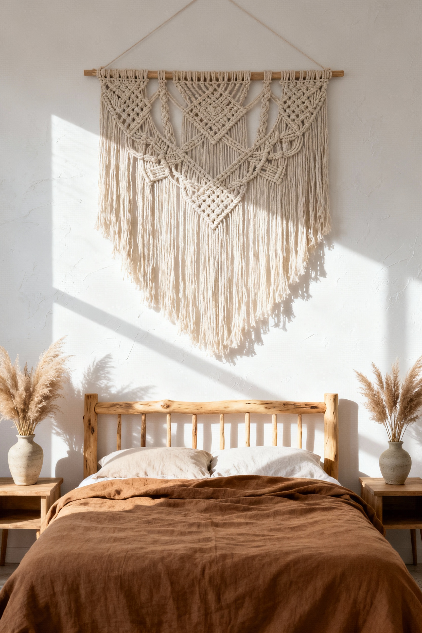Large, intricate, undyed macrame wall hanging serving as the focal point in a serene boho bedroom above a wooden bed, surrounded by soft textiles and natural decor.