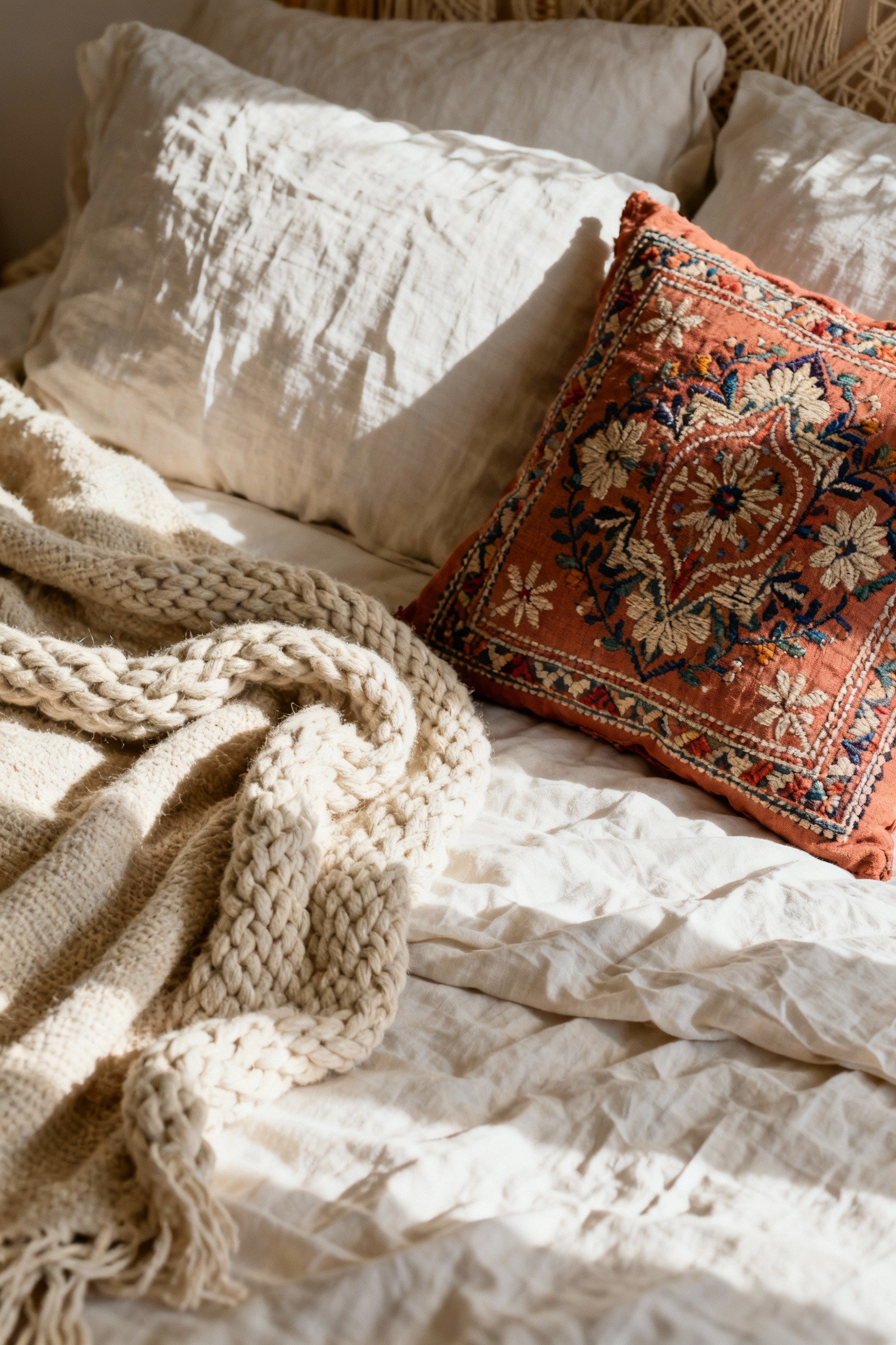 Close-up of a layered boho bed with raw cotton throw, linen duvet, and artisanal embroidered pillow in a natural light-filled bedroom, showcasing varied textures and earthy tones.