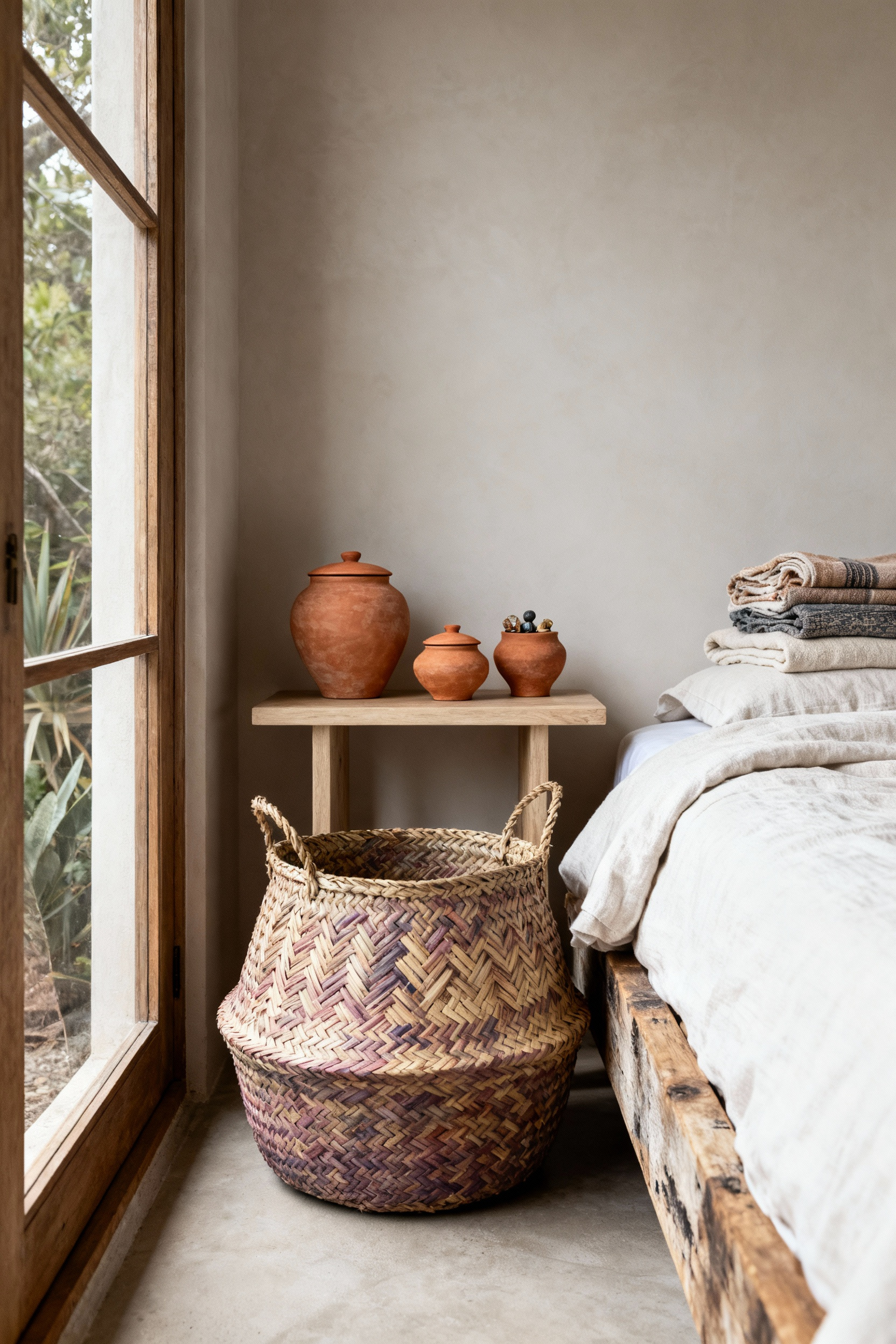 Bohemian bedroom with a large woven palm-fiber basket for throws and small lidded terracotta containers on a nightstand, illustrating natural storage solutions.