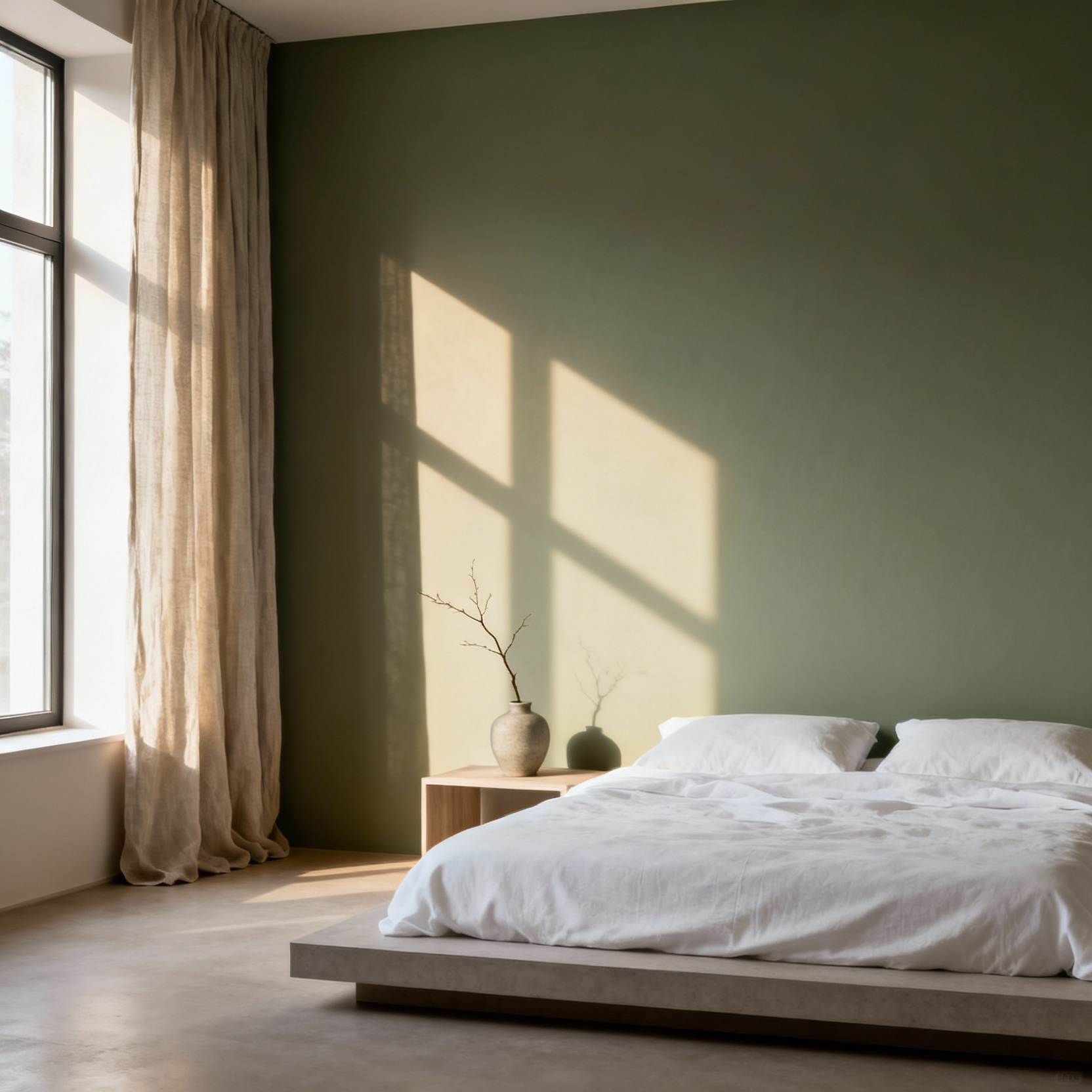 A beautifully lit bedroom wall demonstrating the interaction between natural light and paint hue, creating a serene and harmonious ambiance. Natural light bedroom paint, color assessment, luminous reciprocity.
