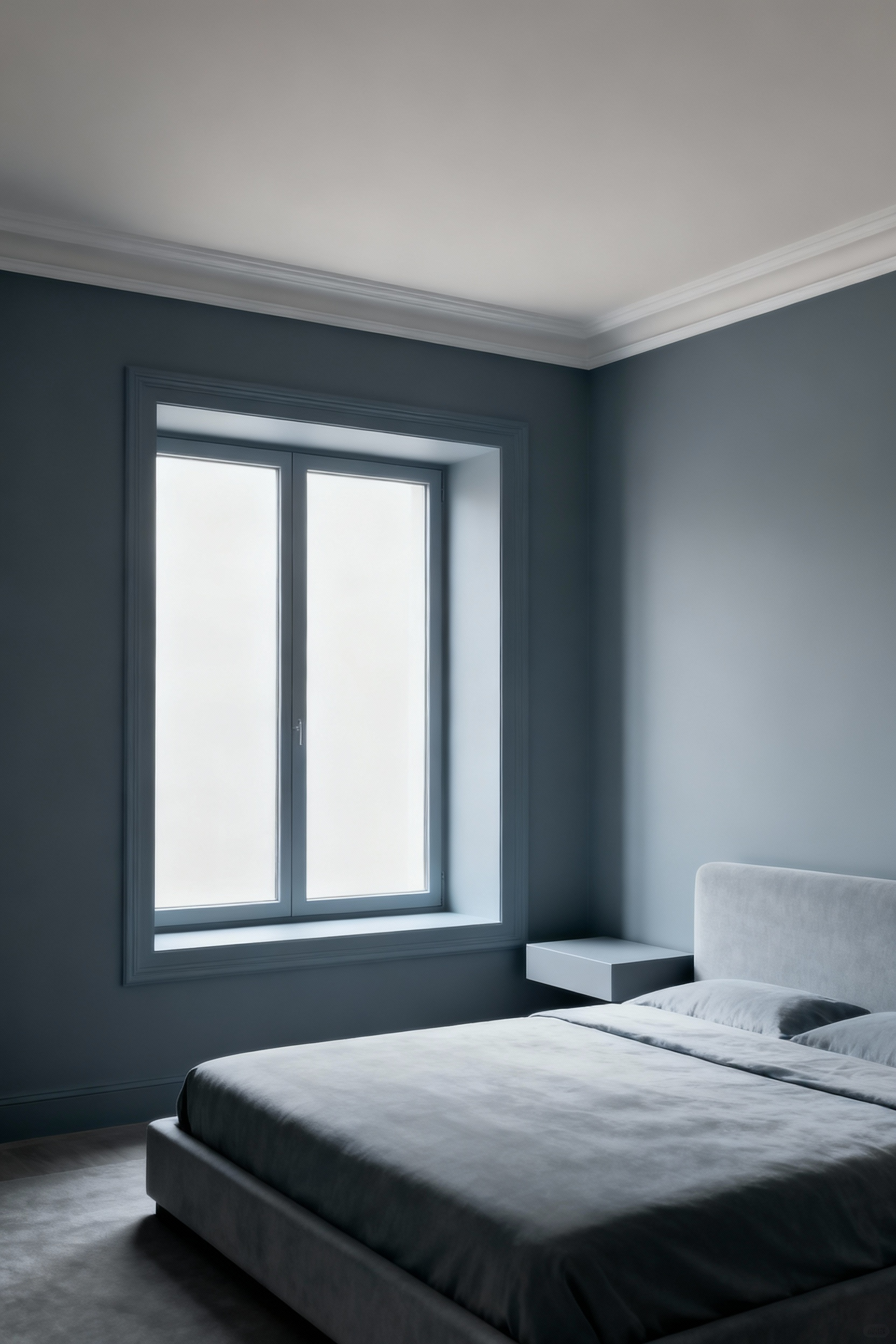 Serene monochromatic bedroom with muted grey-blue paint in varying sheens (ultra-matte walls, eggshell ceiling, satin trim), creating visual depth and a calming atmosphere, with soft natural light.