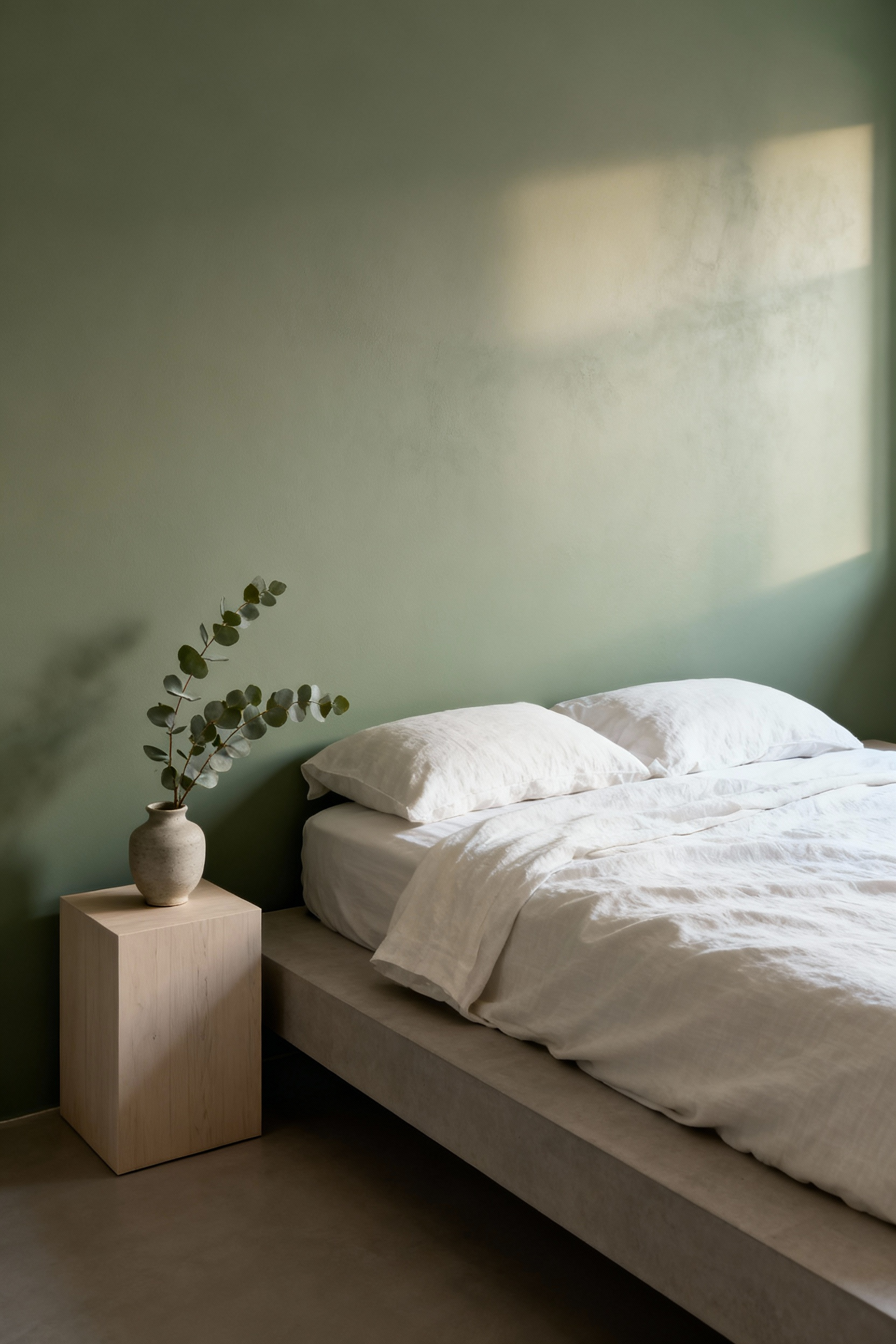Minimalist bedroom with walls painted in muted sage green, featuring a simple platform bed with linen bedding, a ceramic vase with eucalyptus, and soft natural light, conveying serenity and calm design.