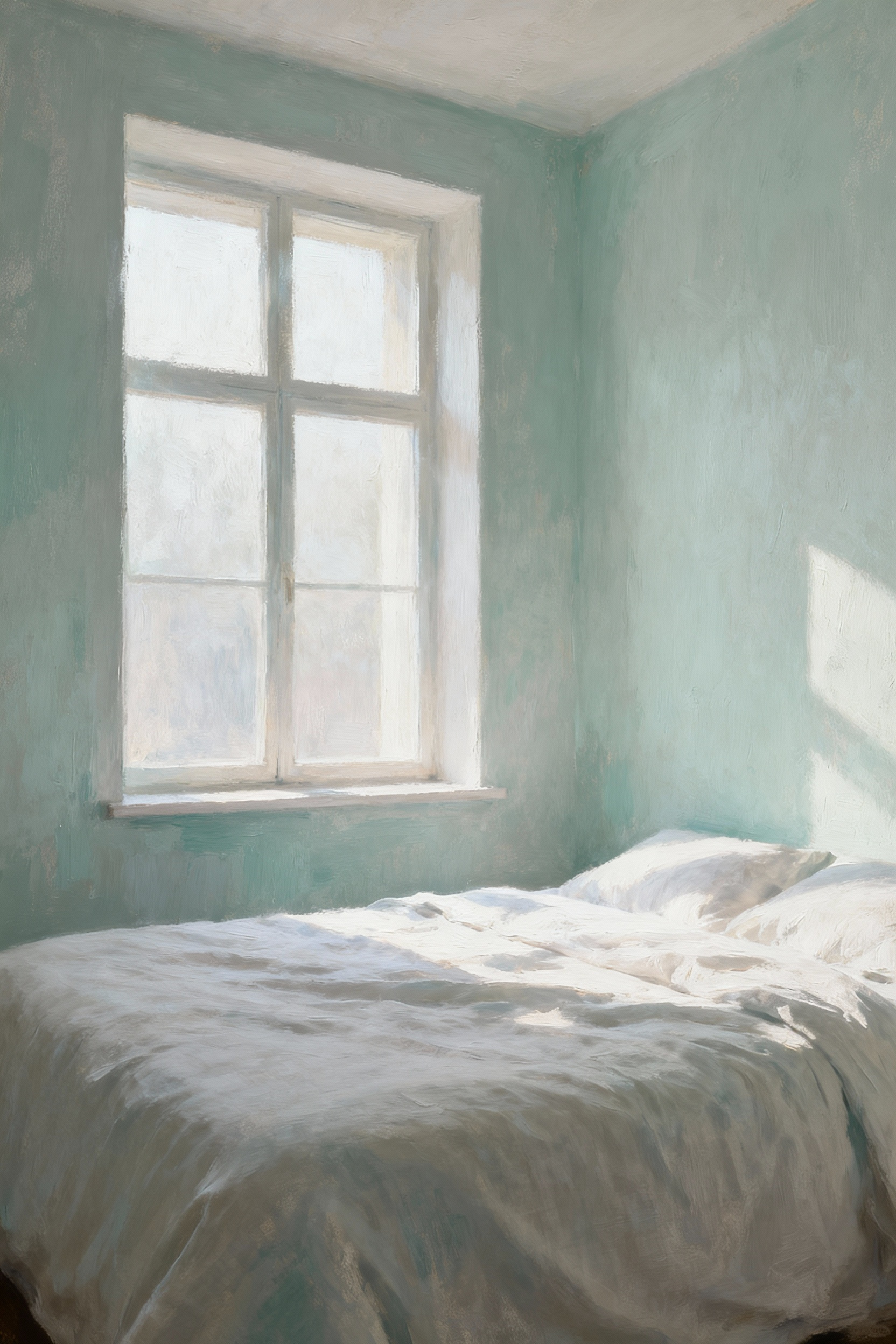 Serene bedroom interior showcasing walls painted with subtle tints, tones, and shades of a monochromatic palette, creating a profound sense of depth and tranquility. Minimalist design with soft natural light.