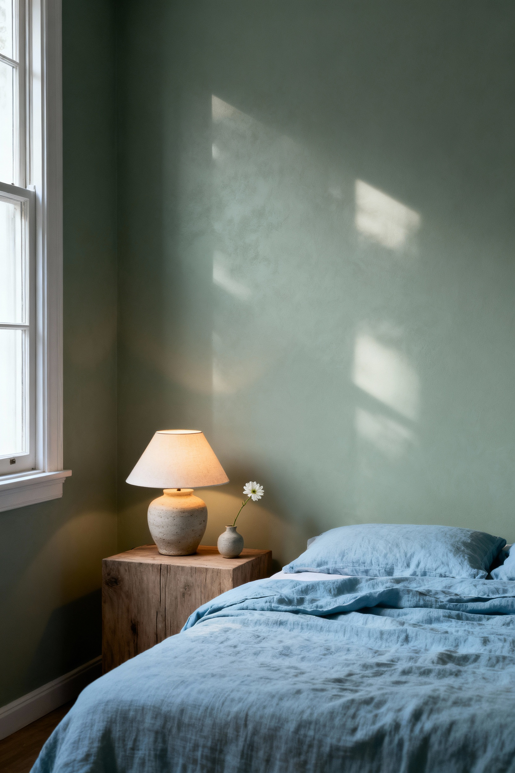 Serene bedroom featuring muted sage green walls, organic blue linen bedding, and a natural wood nightstand, demonstrating a cool-toned palette for sleep induction.
