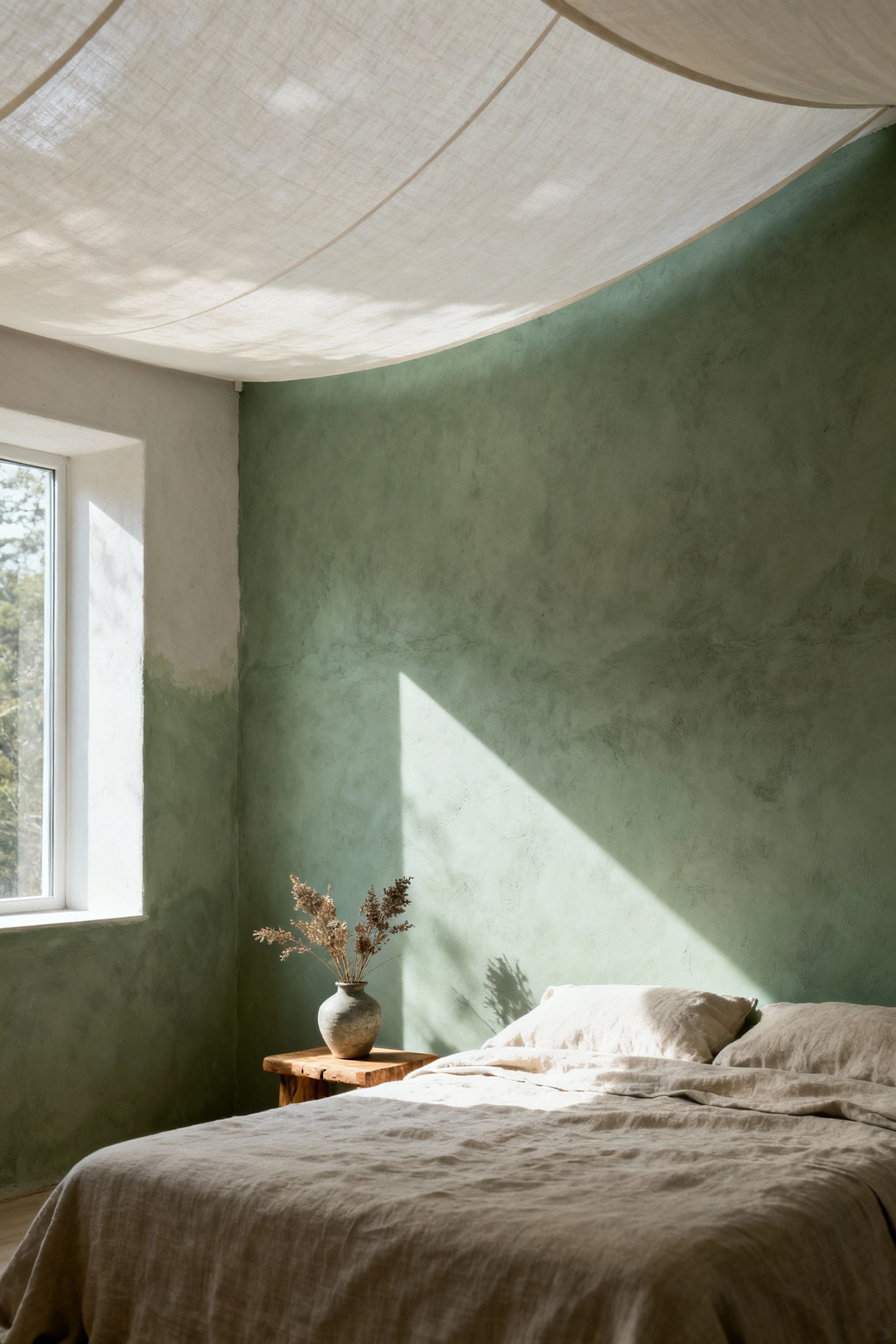 A tranquil bedroom featuring biophilic design with walls painted in a gradient of earthy sage green pigments, natural linen bedding, and a wooden nightstand, promoting calm and connection to nature.
