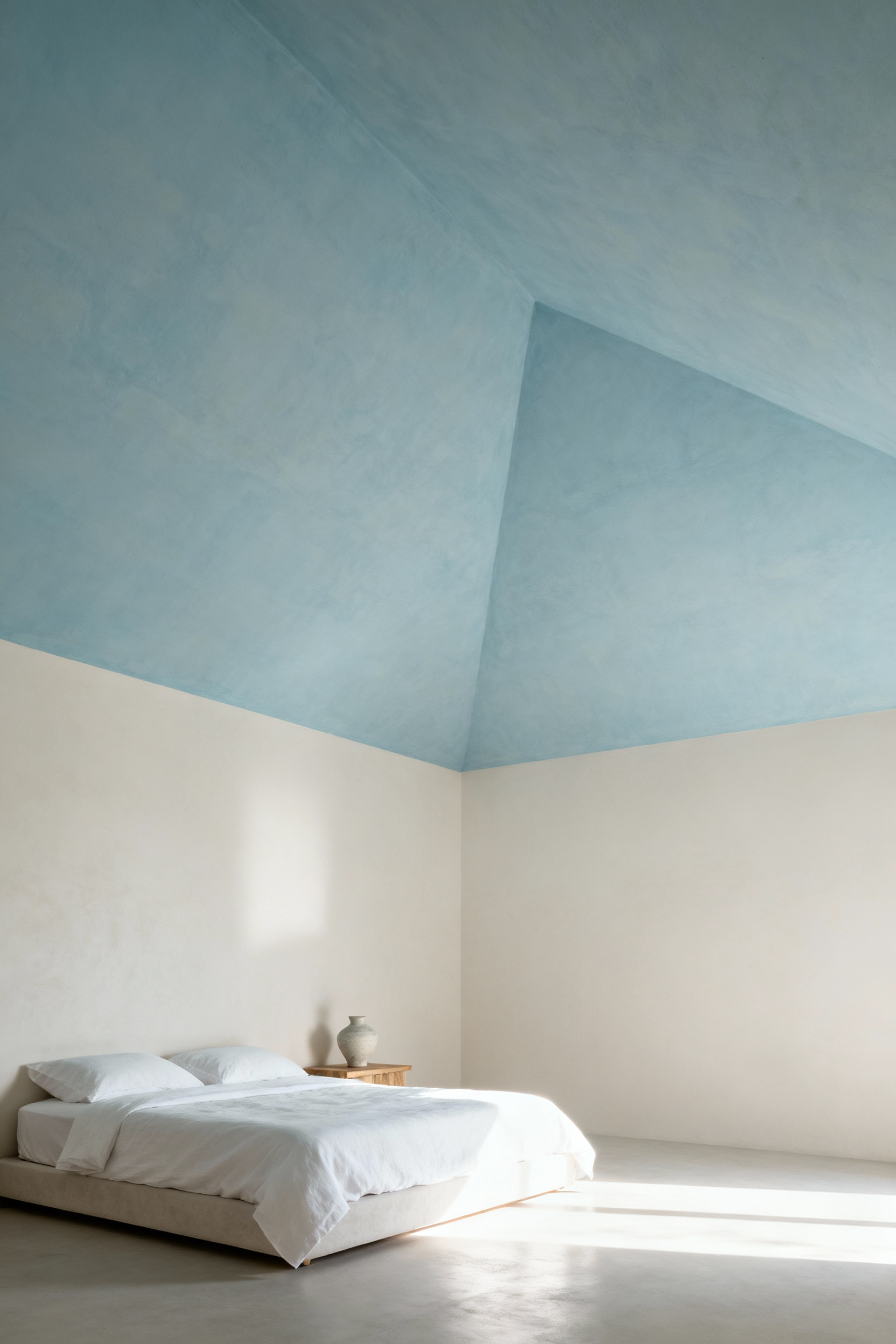 A serene bedroom featuring a light pale blue ceiling, creating an illusion of expanded vertical space and tranquility. The room is minimally furnished with soft natural light.