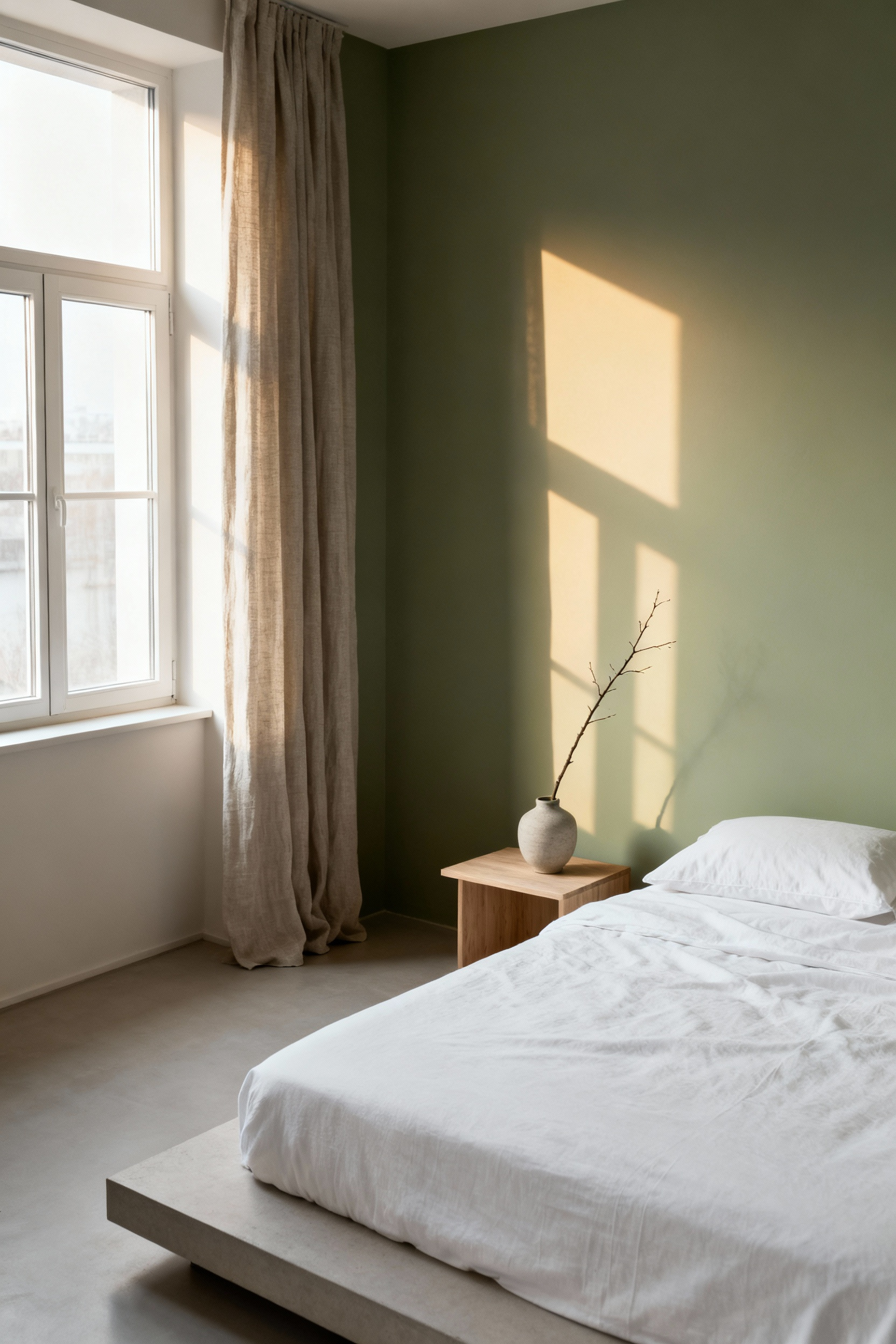 A beautifully lit bedroom wall demonstrating the interaction between natural light and paint hue, creating a serene and harmonious ambiance. Natural light bedroom paint, color assessment, luminous reciprocity.