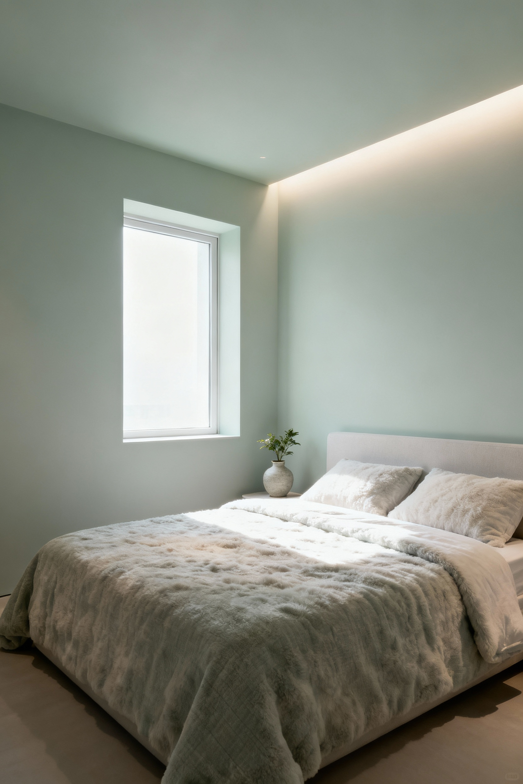Bedroom with matte, diffuse paint finish and soft, even lighting. Gentle illumination in a serene space.