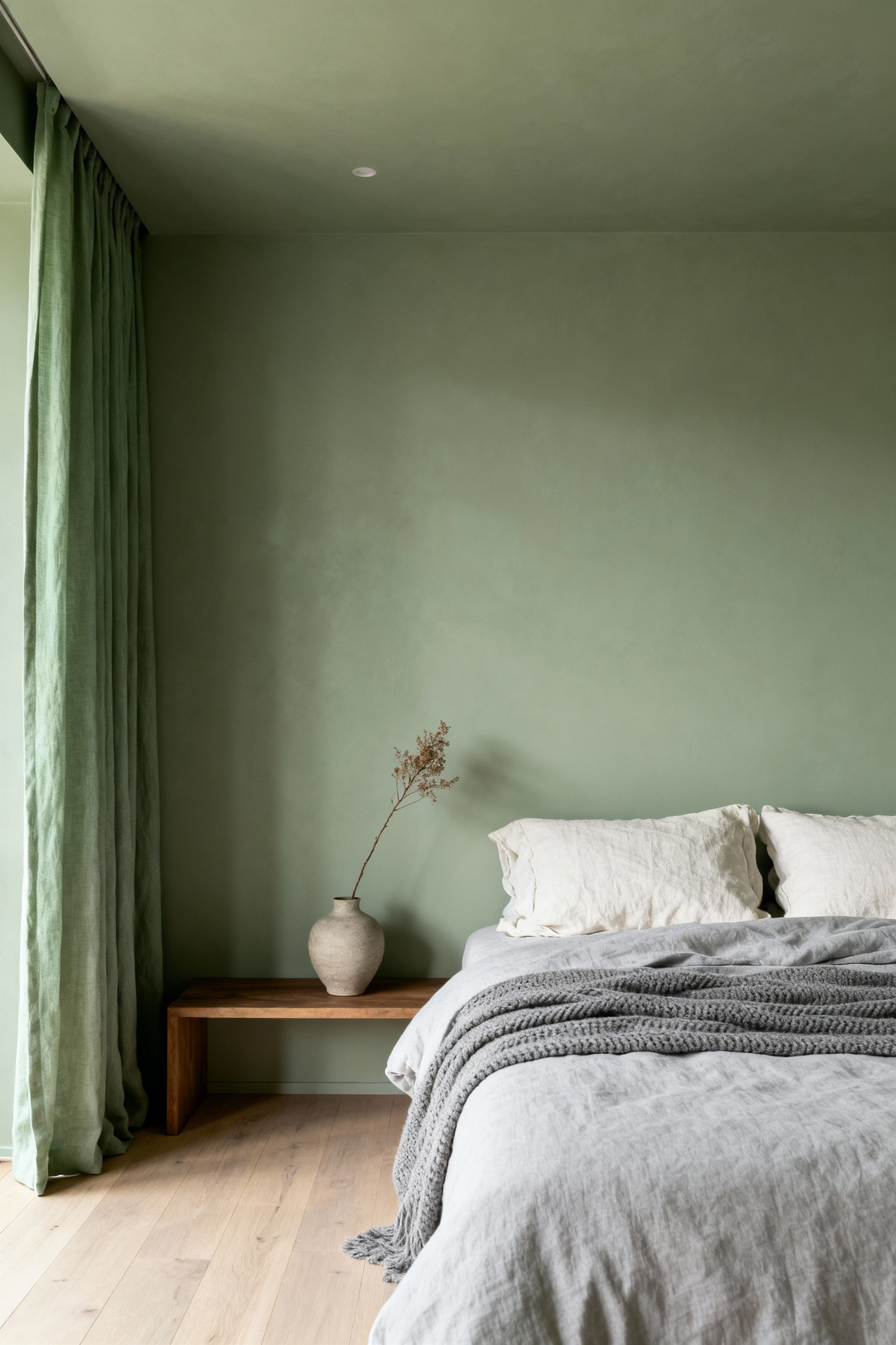 A serene bedroom featuring walls painted in a muted sage green that extends to the ceiling, with minimalist natural wood flooring and a bed adorned with layered grey and off-white linen textiles. The scene is illuminated by soft, natural light, emphasizing a tranquil, uncluttered environment designed for visual quietude.