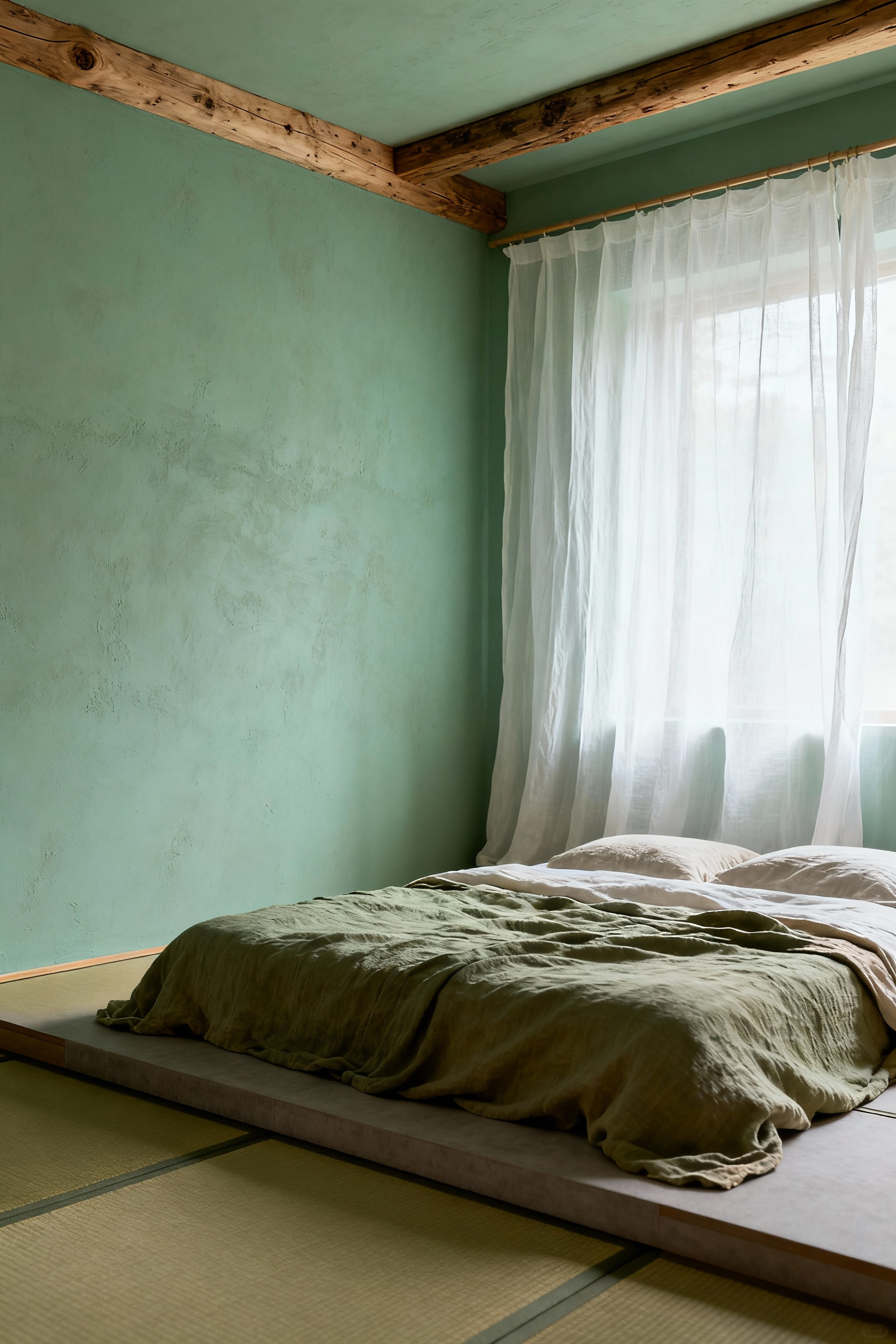 A serene bedroom sanctuary painted in a calming celadon green, reflecting personal identity through a deliberate color autobiography approach, featuring minimalist design and natural materials, no people.
