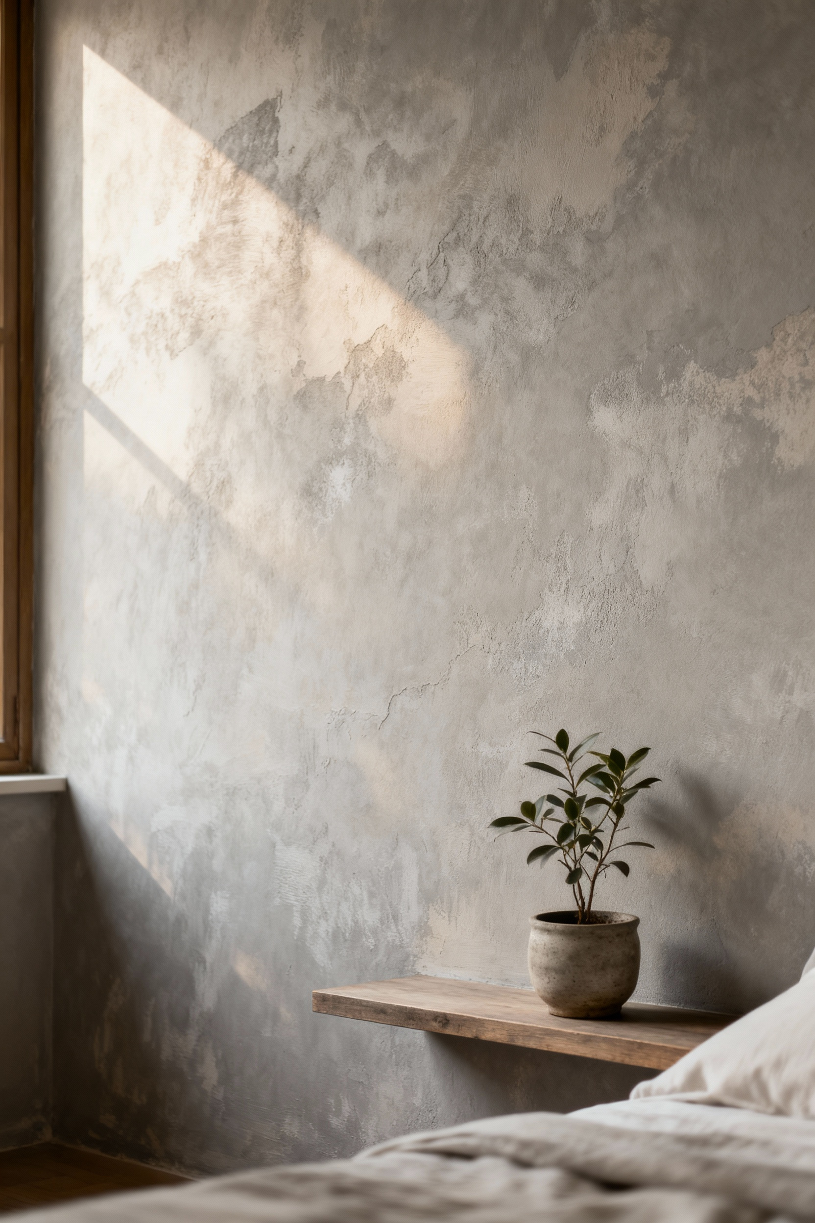 Portrait image of a serene bedroom wall finished with light, warm gray limewash, highlighting its organic texture and matte patina under soft natural light, with minimalist decor.