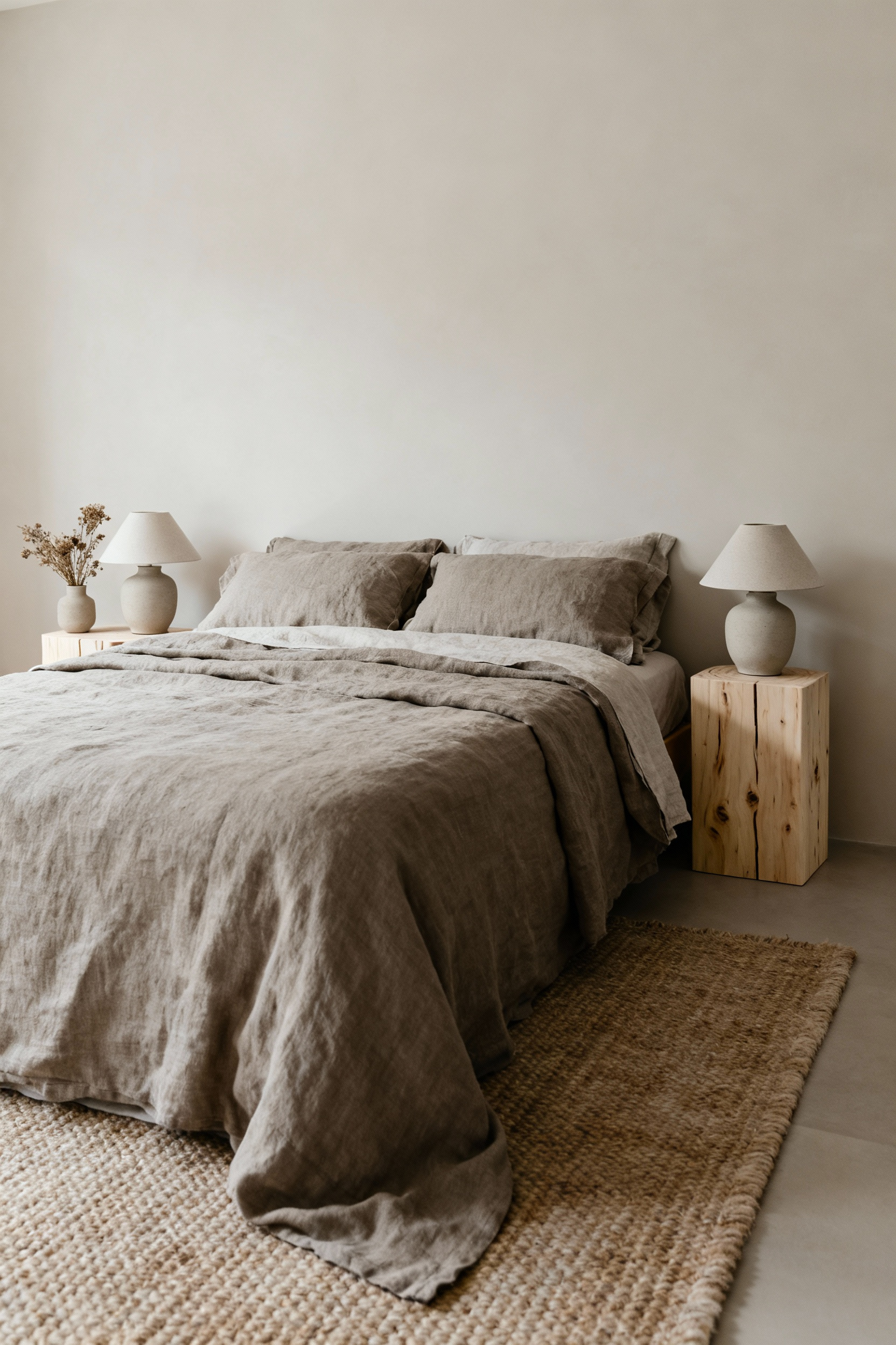A bedroom featuring greige neutral paint, layered textures, and natural light for a dynamic, calm, and serene atmosphere.