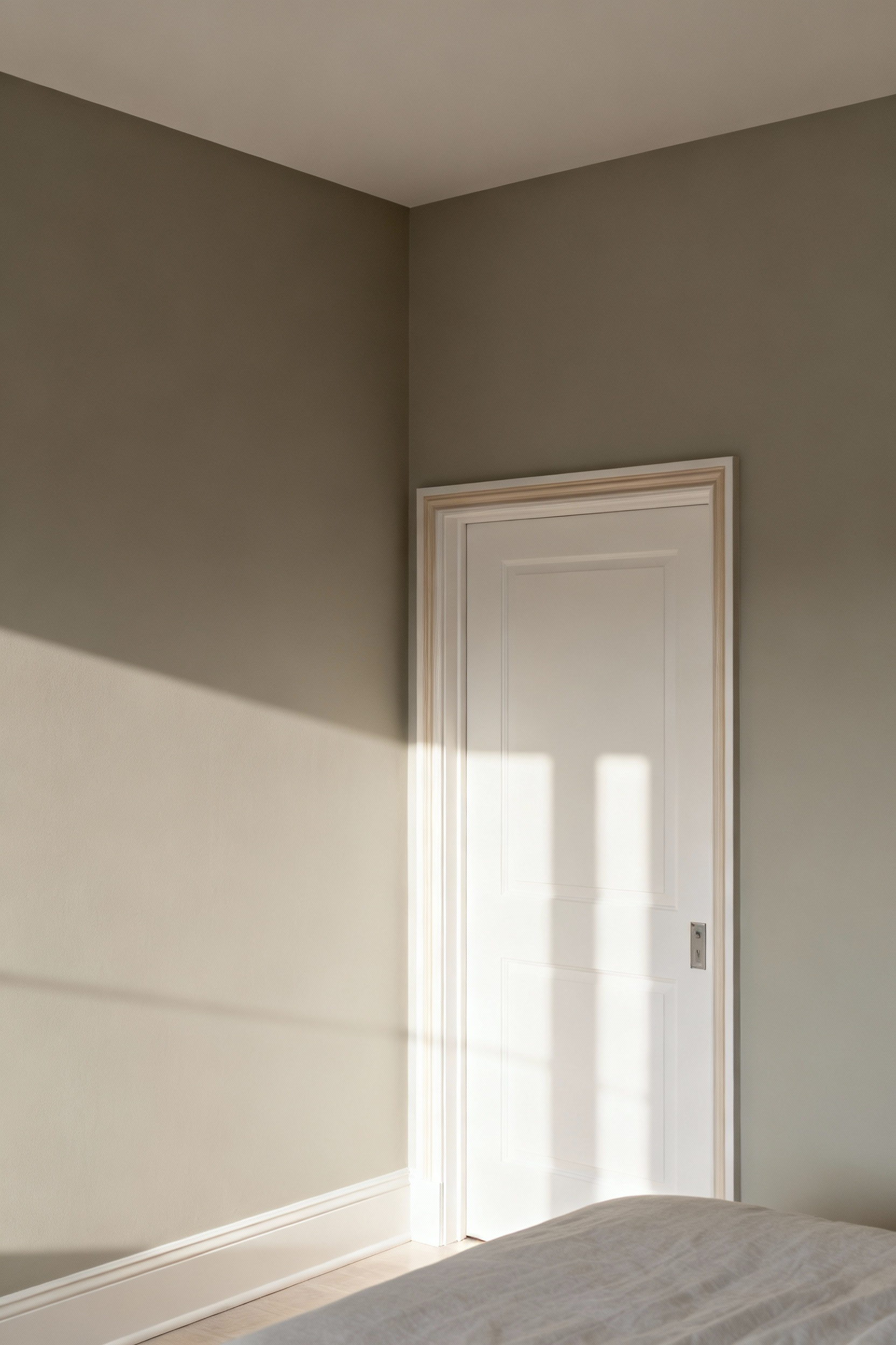 A serene minimalist bedroom featuring a wall in matte greige paint, with the door frame subtly defined by a micro-contrast accent using the same greige in an eggshell finish, adding depth and understated elegance.