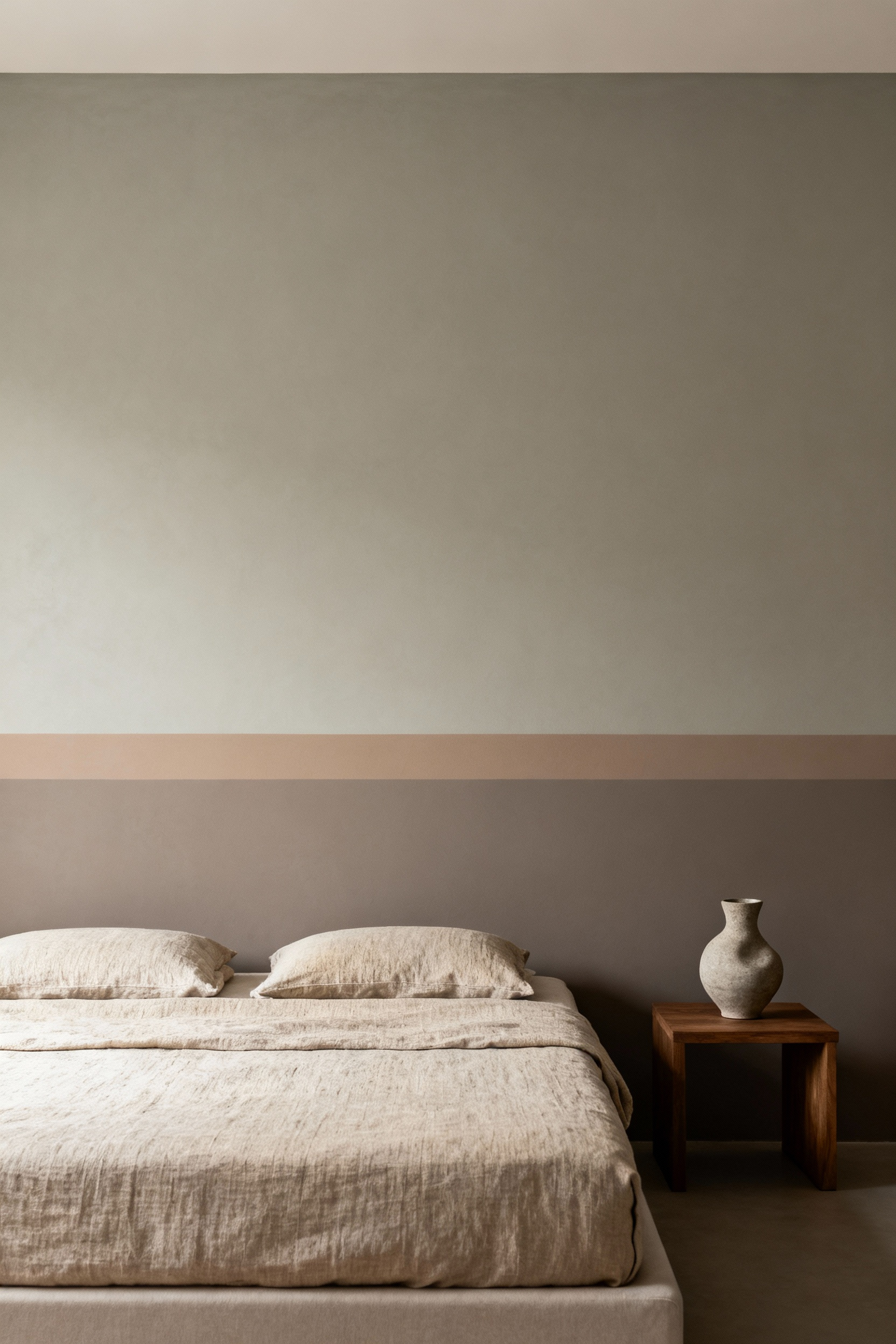 Serene bedroom with a wall featuring a subtle ash-greige to slate-taupe gradient paint transition behind a low bed, suggesting distinct functional zones. Minimalist decor with natural light.