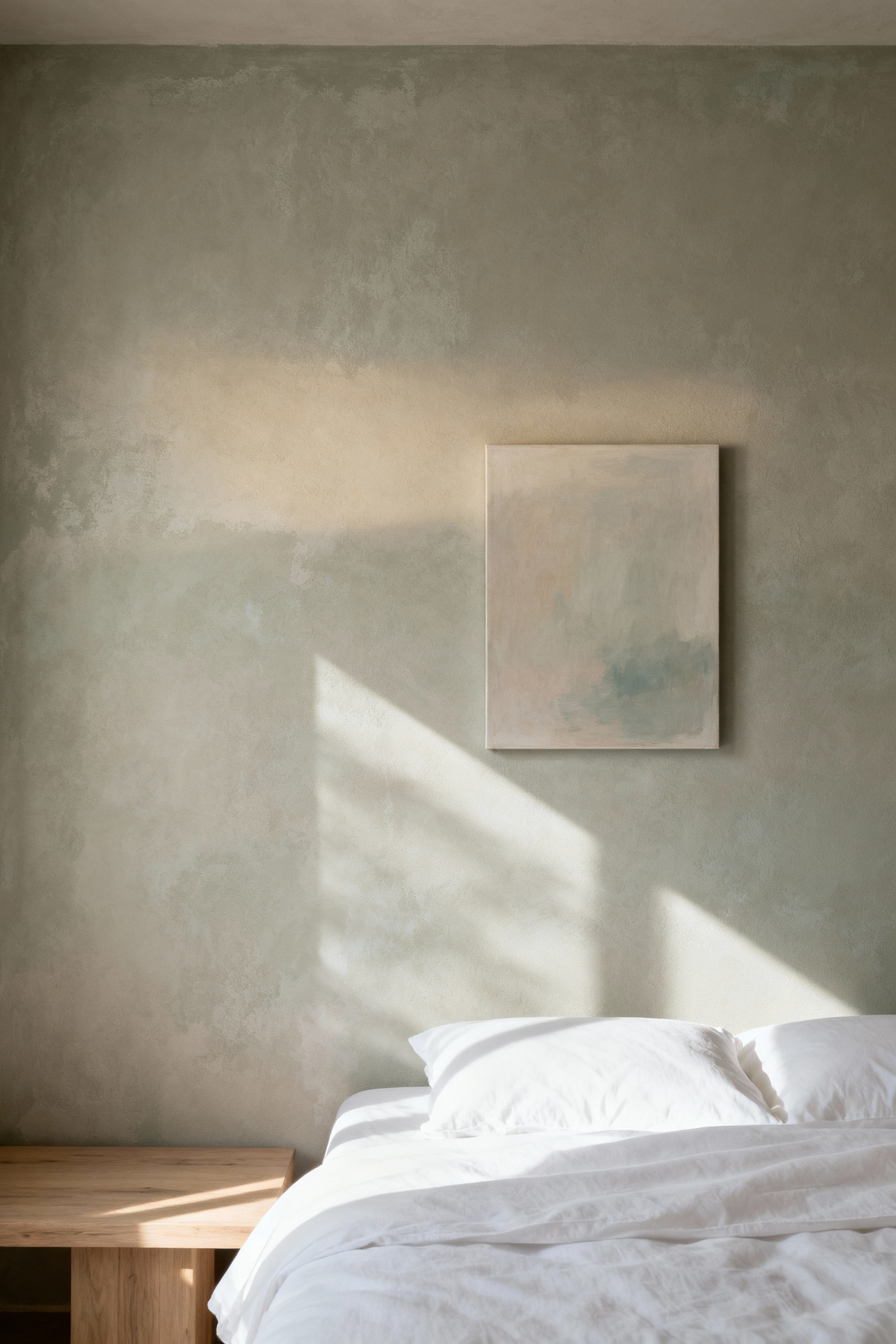 Minimalist bedroom with greige limewash walls, showing subtle shifts in color perception and shadow play from natural, diffused light, highlighting dynamic paint hues.