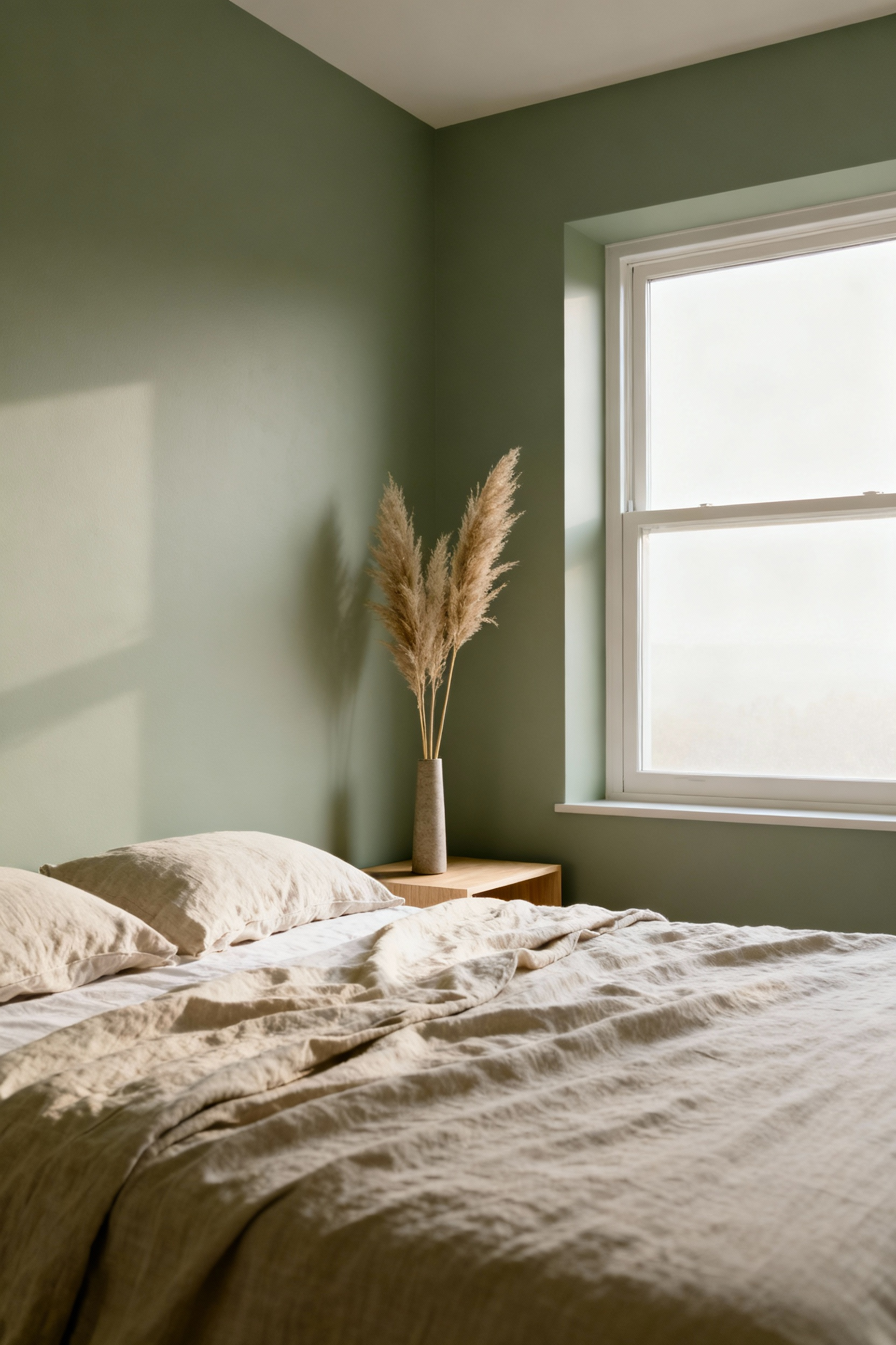A peaceful bedroom in desaturated sage green with natural light, representing a well-being bedroom color palette for tranquility and calm.