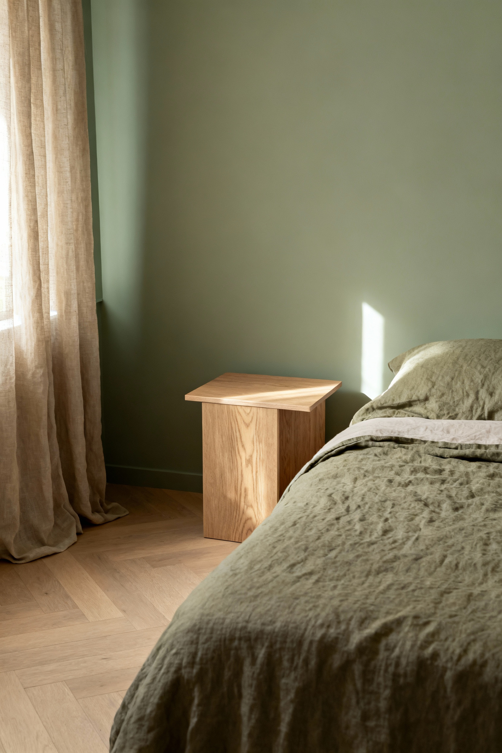 Bedroom with muted sage green walls harmonizing with light oak flooring and linen drapes, showcasing tonal consonance, minimalist interior, natural light.