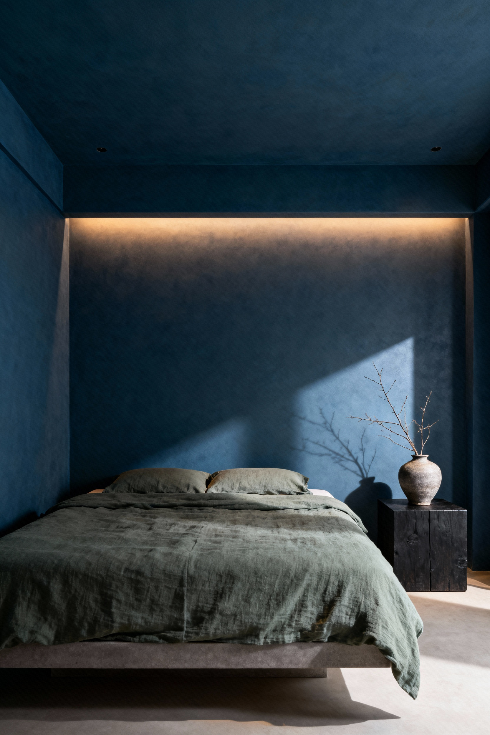 Serene bedroom with deep indigo walls and ceiling, minimalist design, natural linen bedding, and soft ambient lighting, promoting relaxation and sensory grounding through shade immersion.