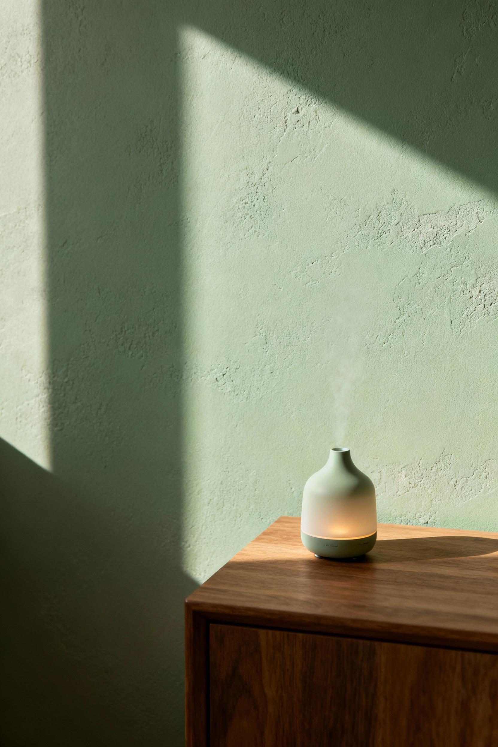 Close-up of a bedroom wall painted in a soothing, low-VOC ultra-matte sage green paint, showing subtle texture under soft, natural light, promoting a sensory-conscious and clean-air environment.