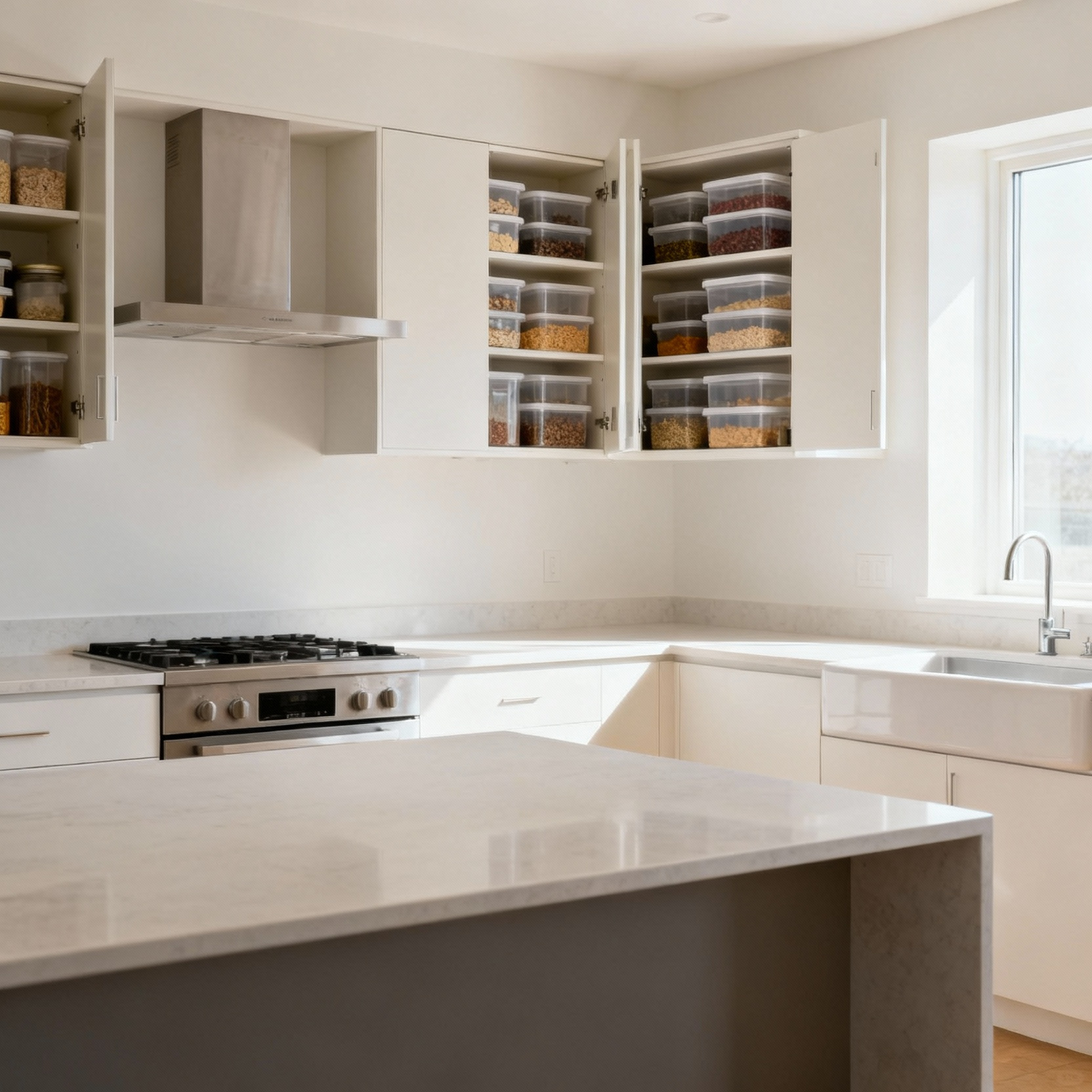 A bright, decluttered kitchen counter with clear glass containers, an organized pantry, and empty spaces, symbolizing clarity and peace achieved through a comprehensive kitchen declutter.
