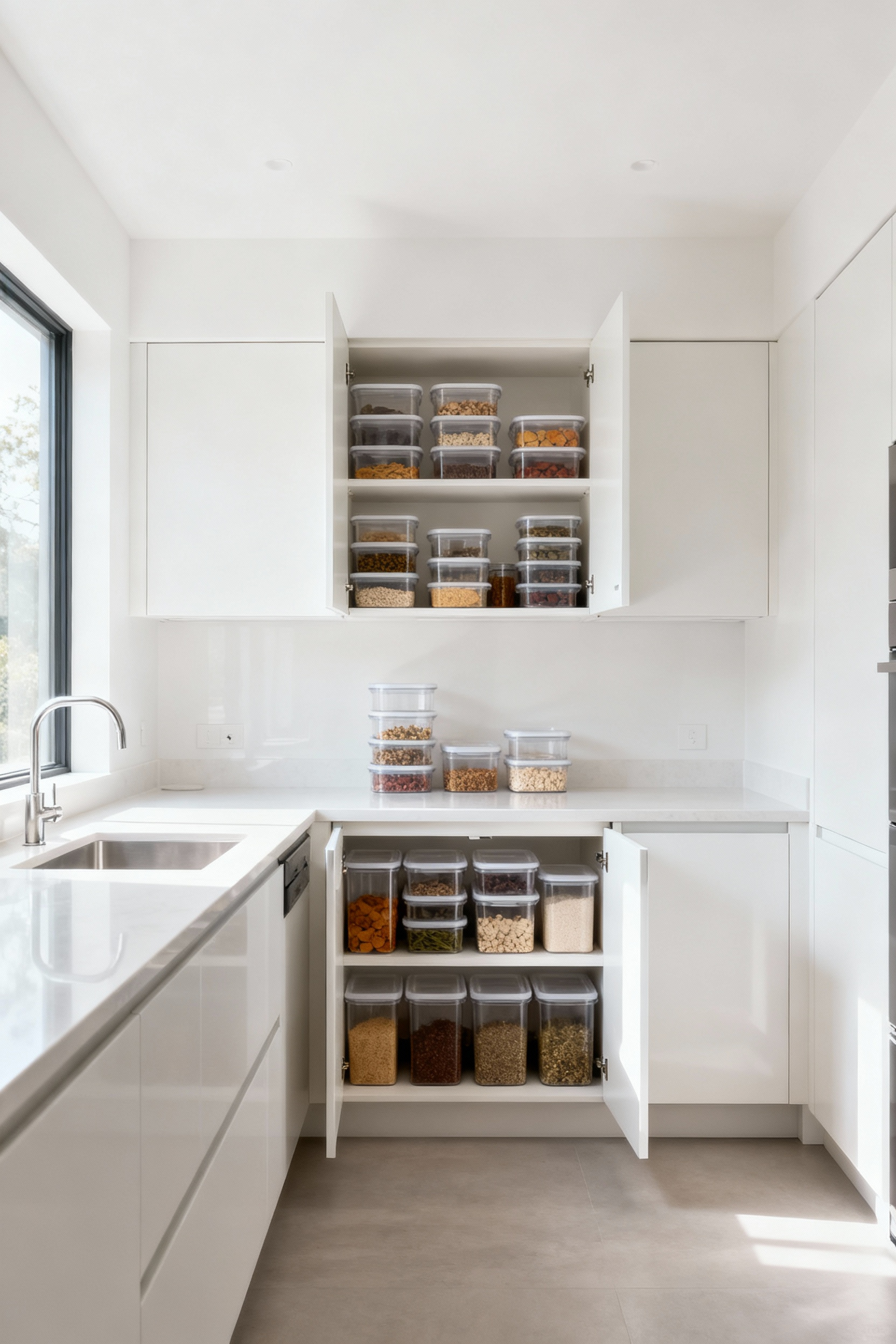 A bright, decluttered kitchen counter with clear glass containers, an organized pantry, and empty spaces, symbolizing clarity and peace achieved through a comprehensive kitchen declutter.