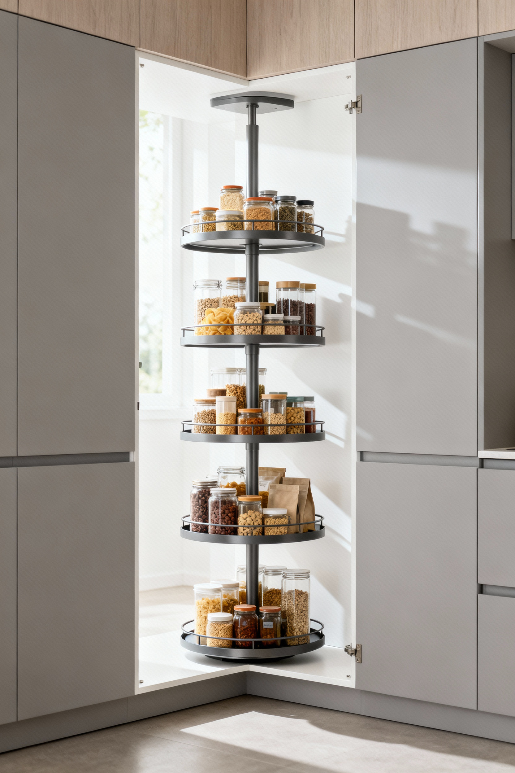 Open kitchen corner cabinet with a D-shaped tiered lazy Susan rotating mechanism full of organized pantry items.