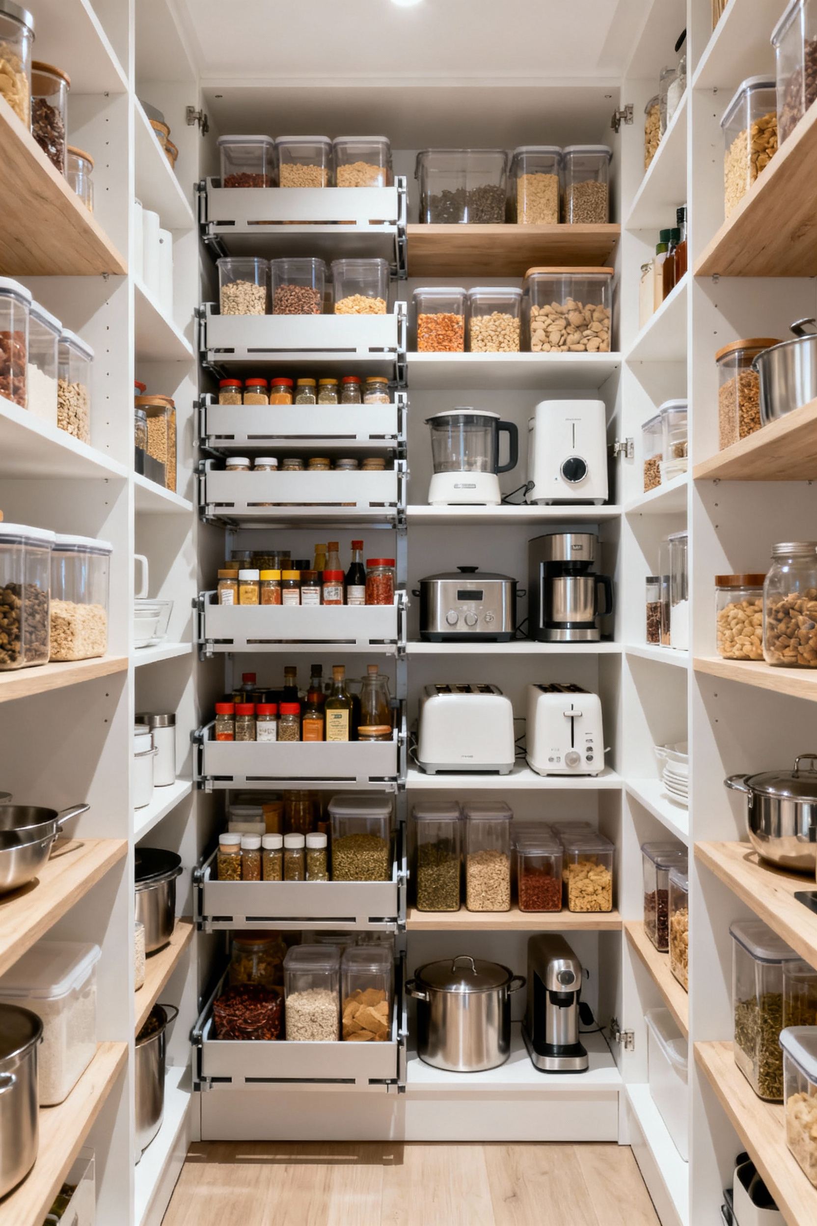 Interior view of a modern kitchen pantry with several multi-tiered pull-out organizers displaying neatly arranged dry goods, spices, and small appliances, optimizing vertical storage.