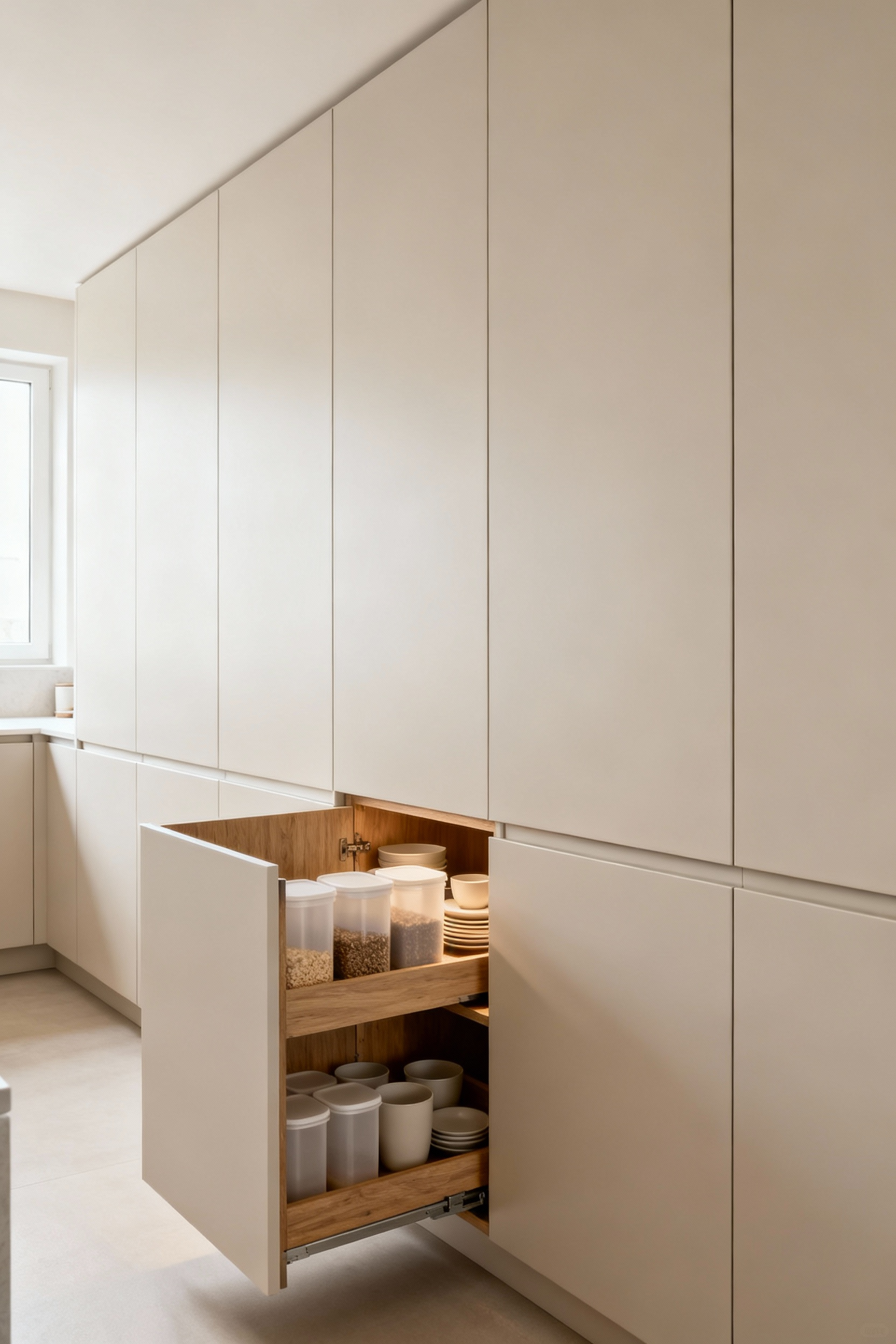 A modern kitchen interior featuring custom-fit cabinetry with a partially open pull-out pantry revealing meticulously organized internal shelving and storage inserts.