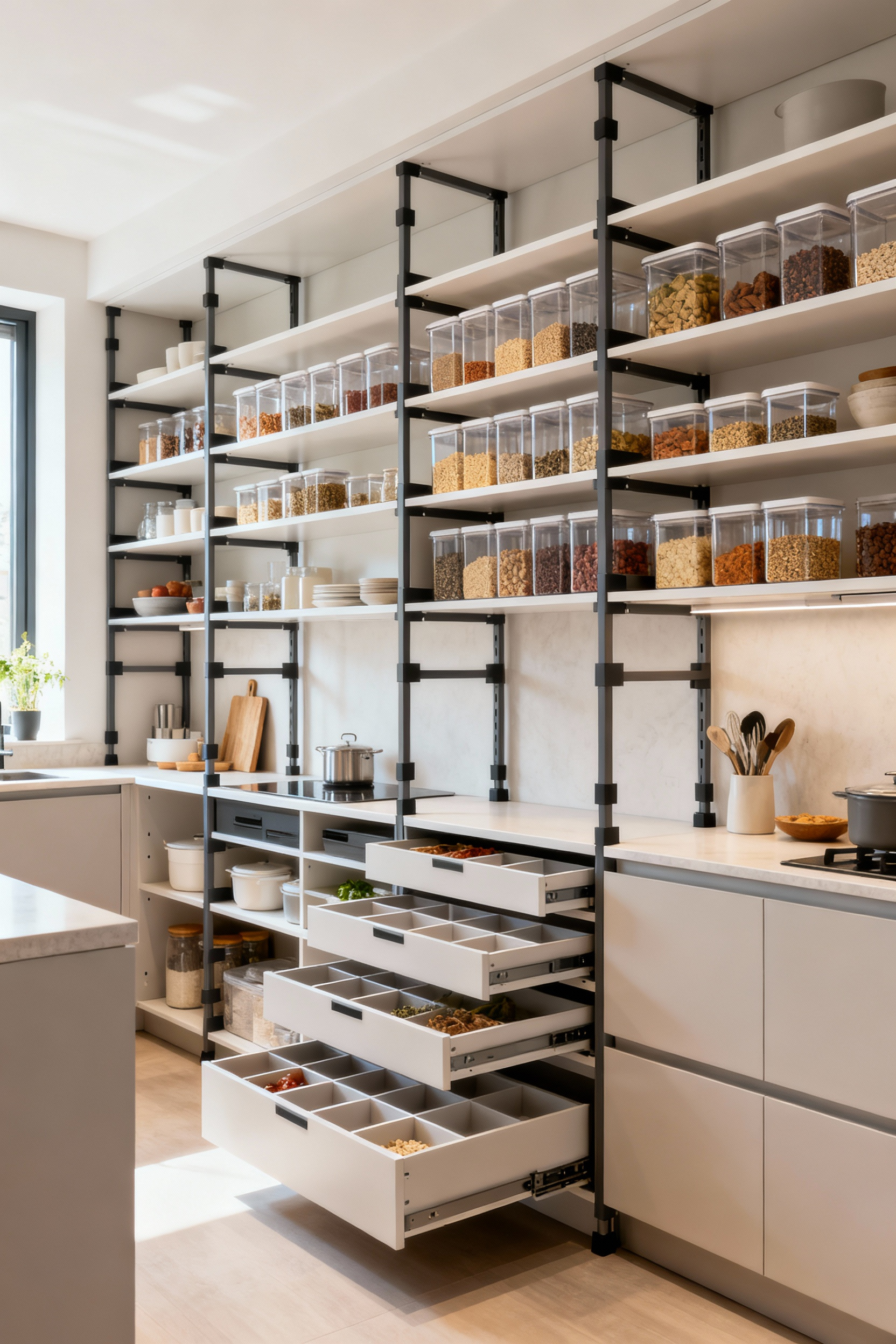 Modern kitchen pantry with modular and adjustable shelving for adaptive storage.