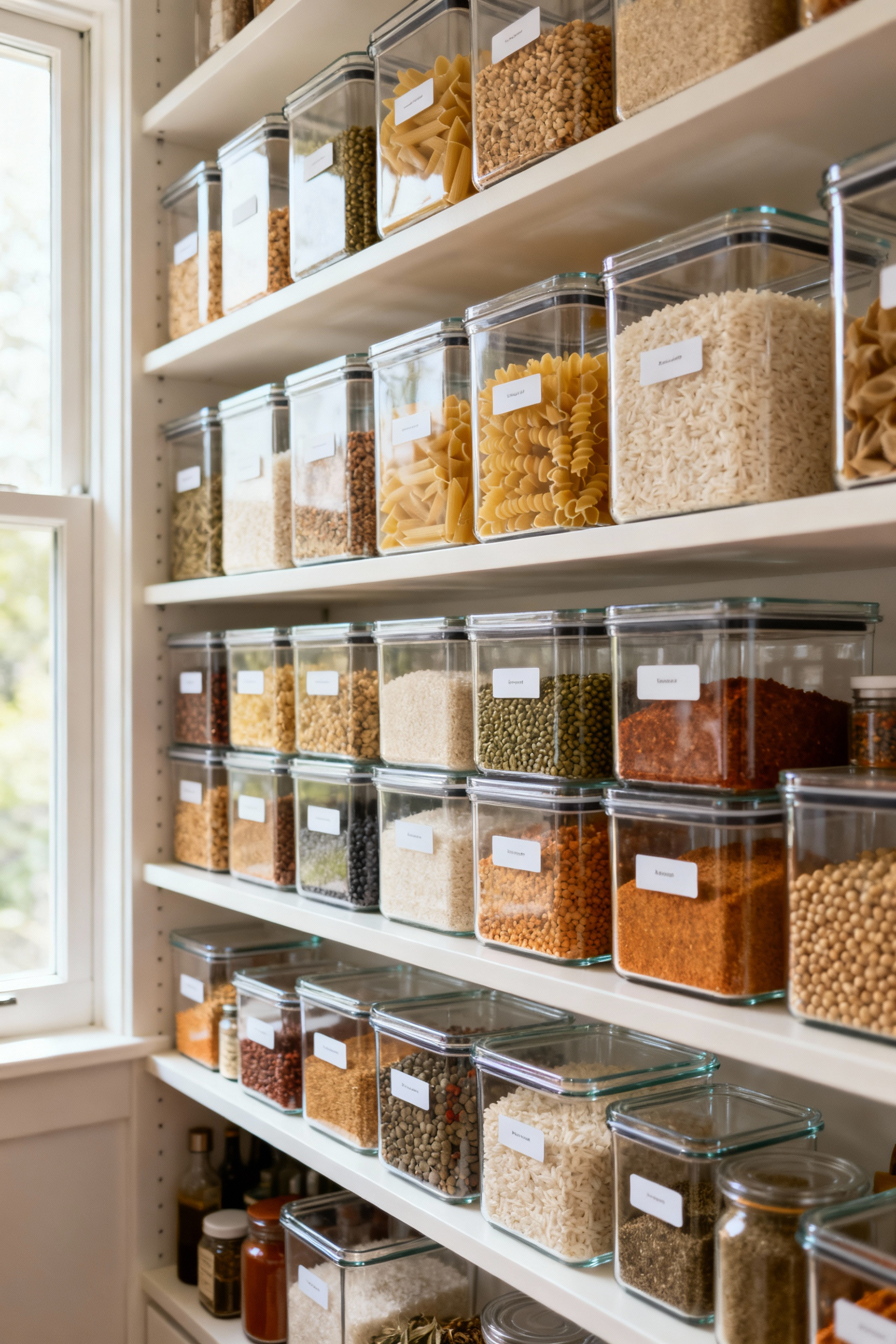 Organized kitchen pantry with uniform clear glass containers for dry goods, showcasing standardized container types for visual cohesion and efficiency.