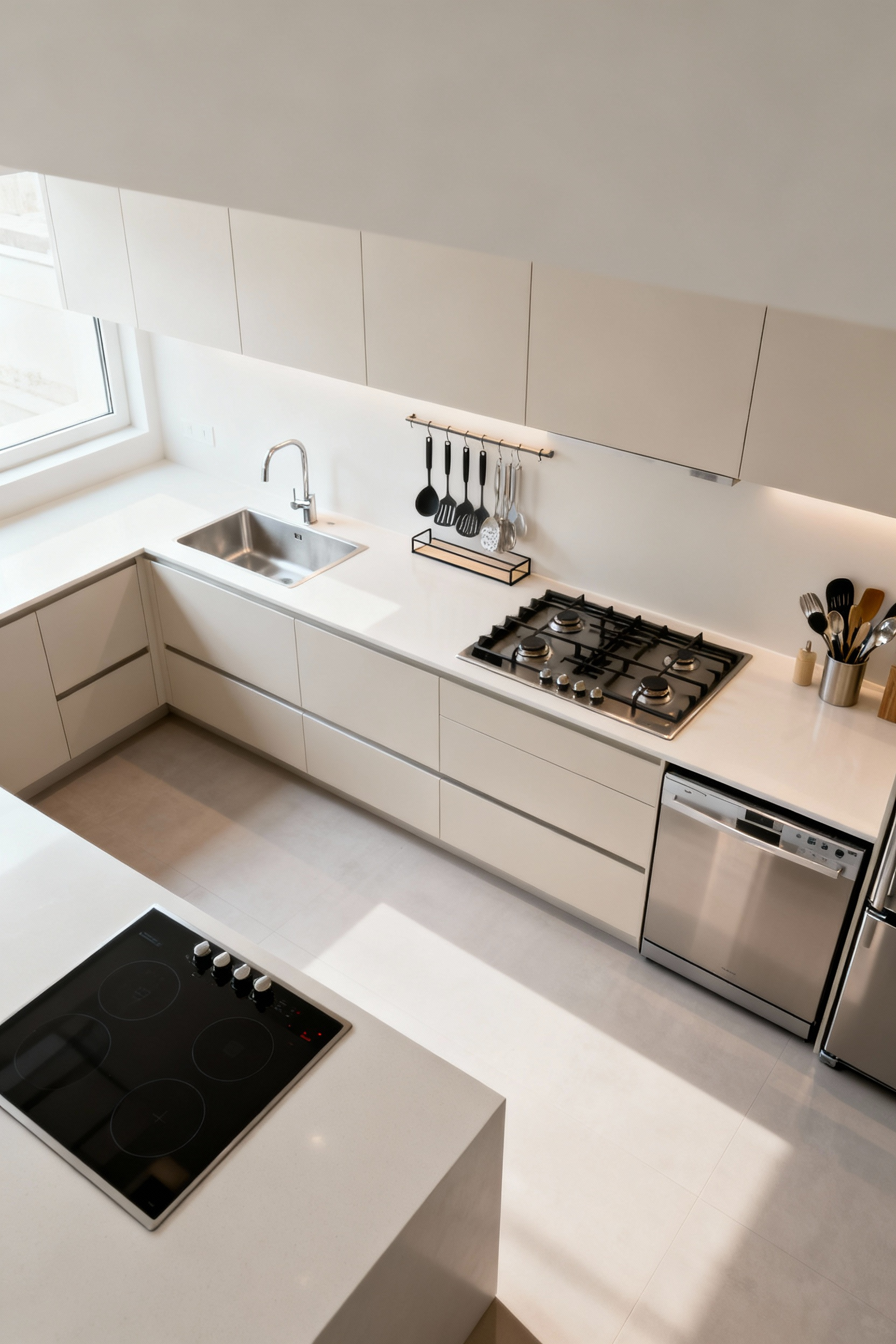Well-organized kitchen with clearly defined workflow paths and task zones, showing efficient layout and integrated storage for culinary efficiency.