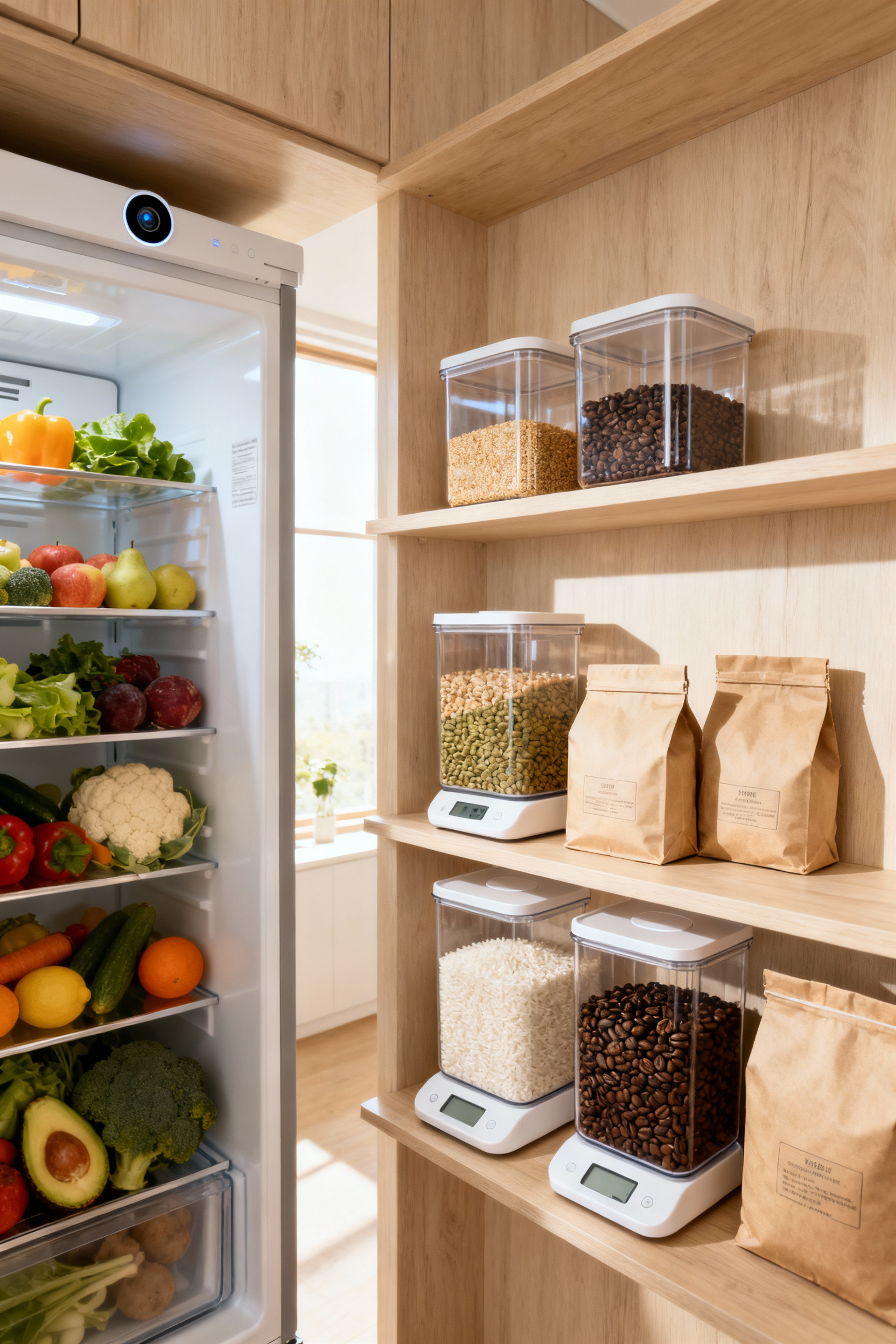 Modern kitchen pantry showcasing smart inventory technology, transparent smart containers, integrated smart scales, and organized food staples. Clean lines and bright natural light highlight proactive kitchen management.