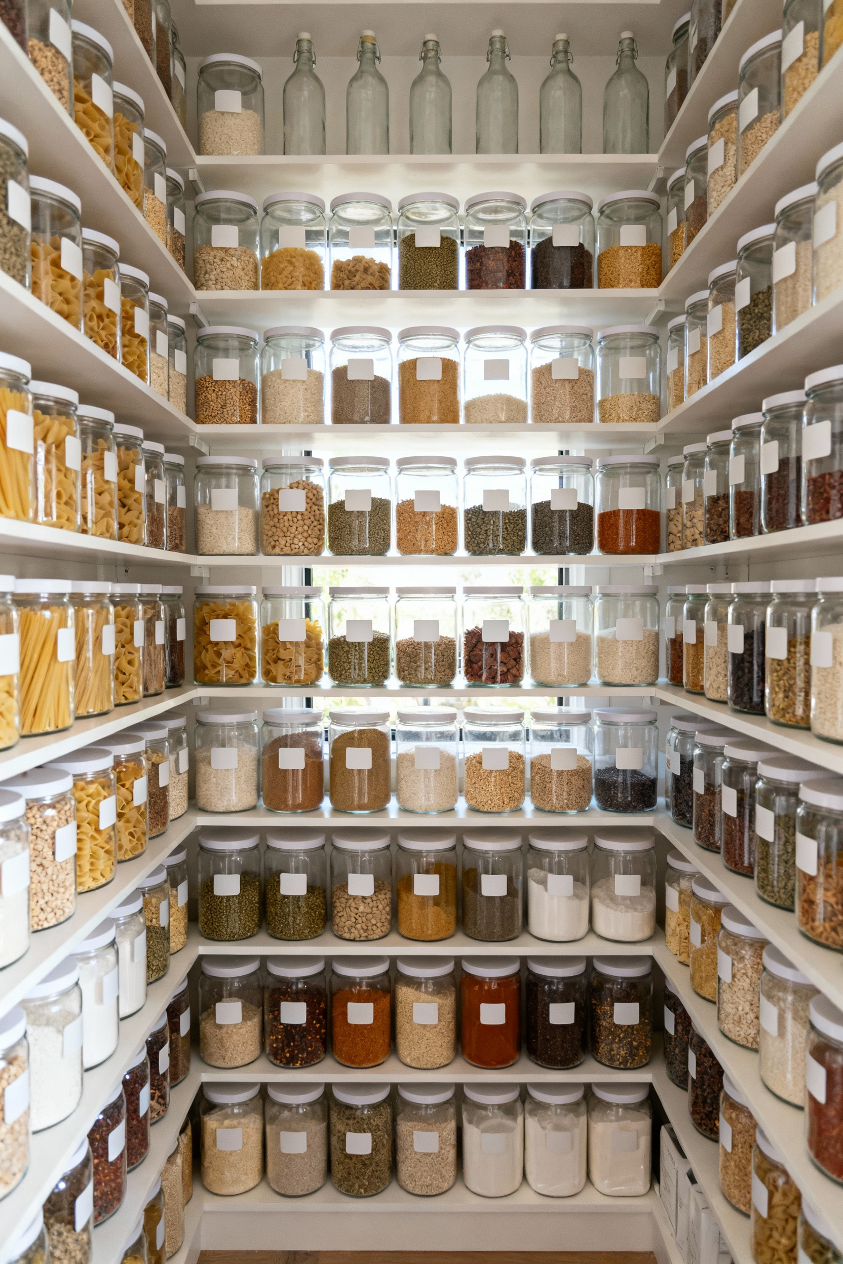 A modern pantry featuring shelves filled with uniform clear glass jars and bottles, neatly arranged with minimalist labels, demonstrating space-efficient and aesthetically pleasing kitchen storage.