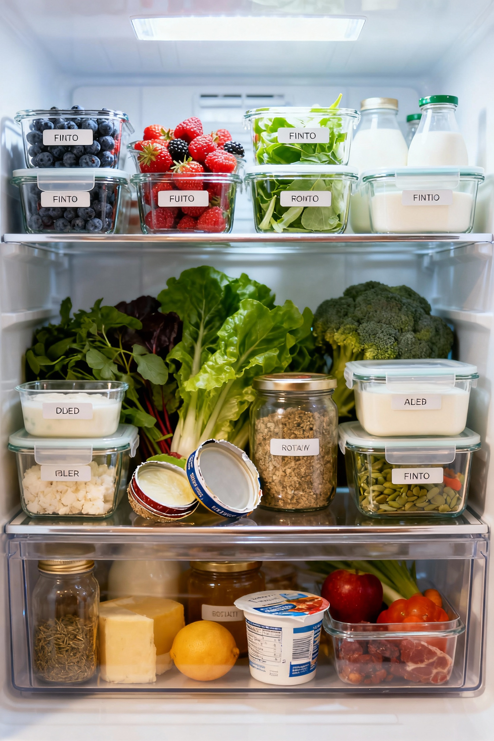 A brightly lit, organized refrigerator interior featuring clear, labeled glass containers of fresh produce and dairy, arranged using a First-In, First-Out (FIFO) food rotation system, highlighting efficient kitchen storage and reduced food waste.