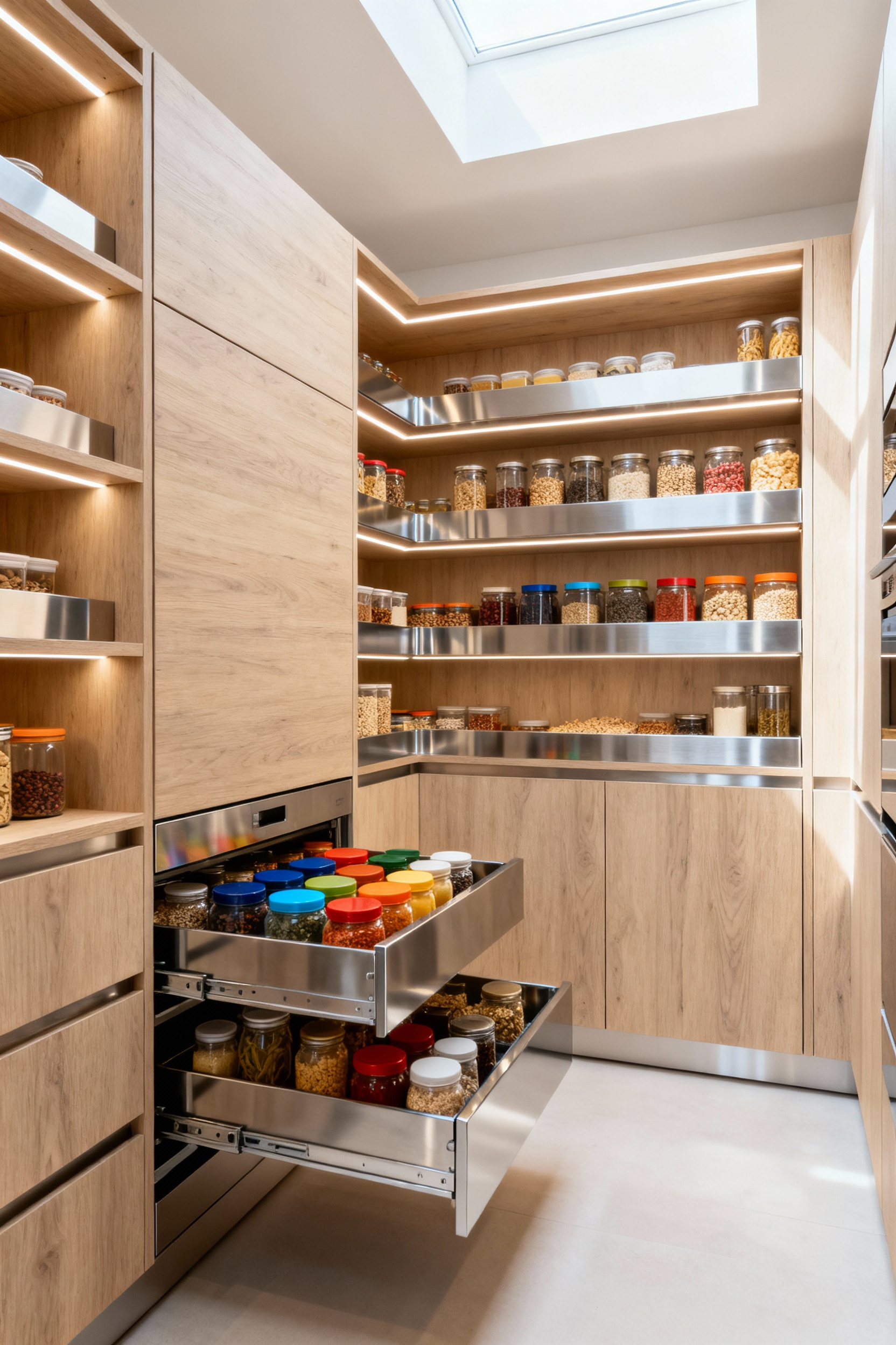 A beautifully organized modern pantry interior featuring several integrated full-extension pull-out shelves and wire baskets, neatly stocked with various food containers, spices, and dry goods. The wooden and stainless steel components are illuminated by subtle internal LED lighting, enhancing accessibility and efficient kitchen storage.