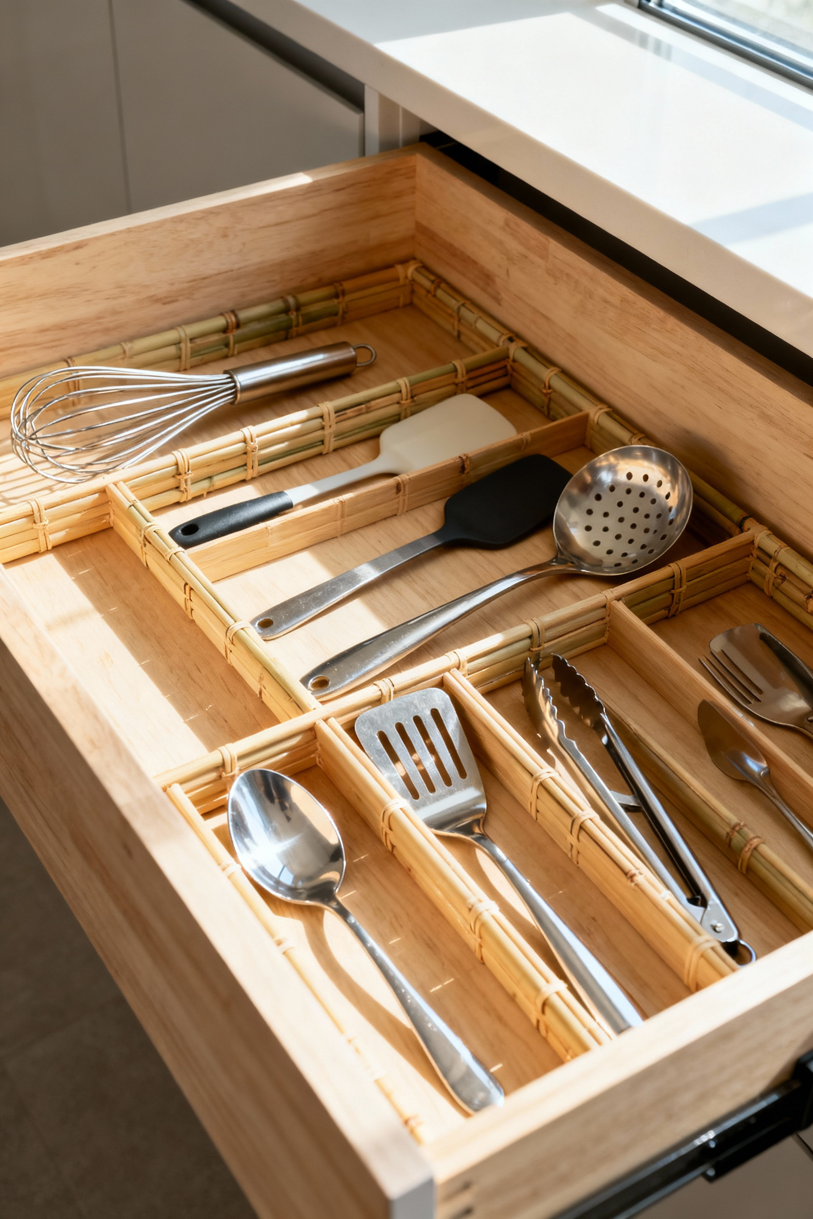 A neatly organized kitchen drawer featuring custom bamboo dividers, segmenting various cooking utensils like spatulas and whisks. The drawer is light wood, set in modern cabinetry, with soft natural light illuminating the organized contents.