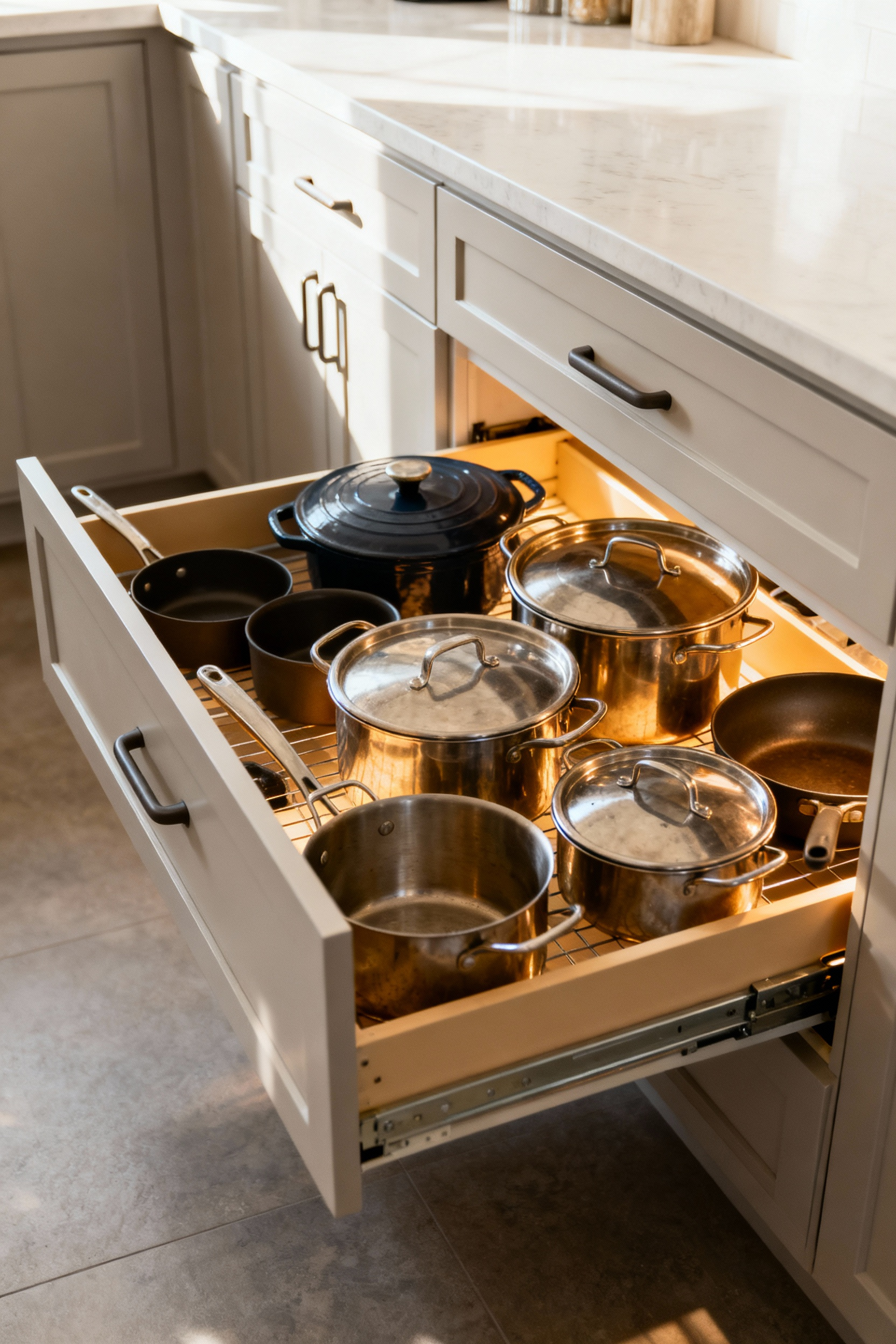 Kitchen lower cabinet with a full-extension pull-out drawer containing organized pots and pans, well-lit.