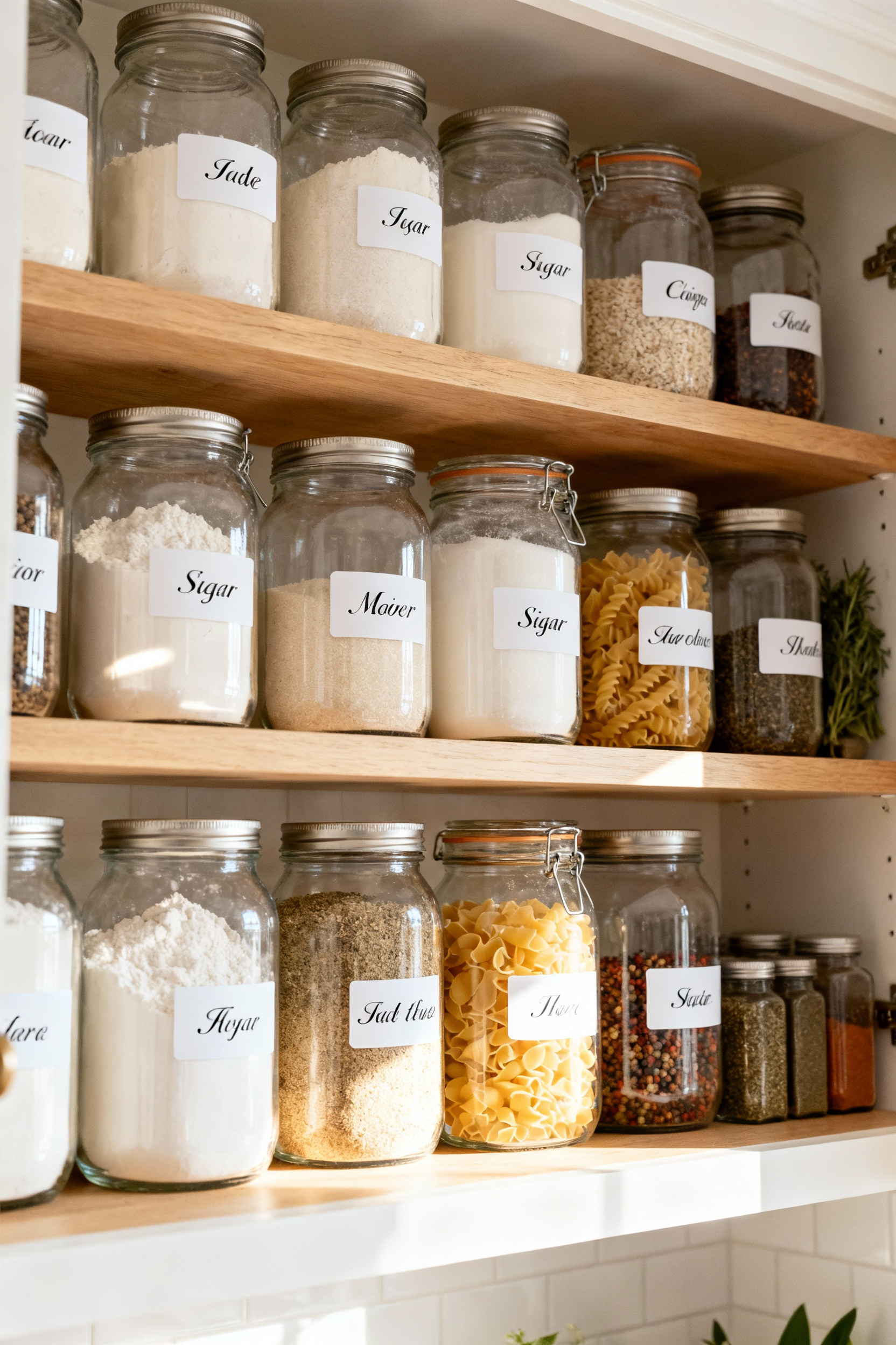 A beautifully organized kitchen pantry with uniform, clear labels on all glass containers and wooden shelves, enhancing visual calm and efficiency.