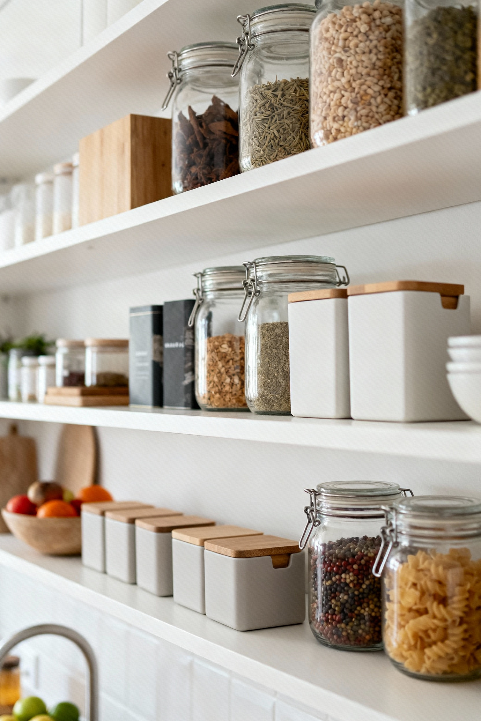 Clean, minimalist kitchen pantry with uniformly organized essential ingredients in clear containers, showcasing an uncluttered and efficient inventory system.