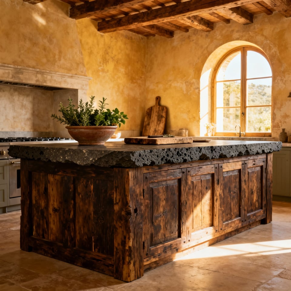 Provençal grande table used as a central farmhouse kitchen island, made from reclaimed oak and lava stone, with traditional joinery.