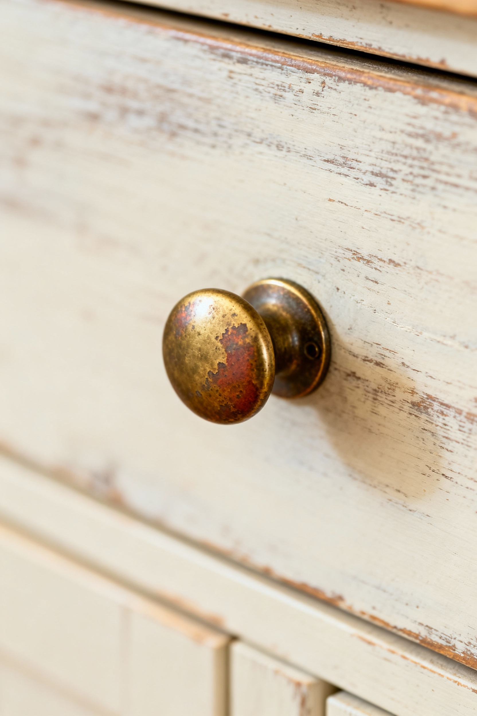 Close-up of a partially patinated unlacquered brass cup pull on a light wood farmhouse kitchen island drawer, bathed in soft natural light.