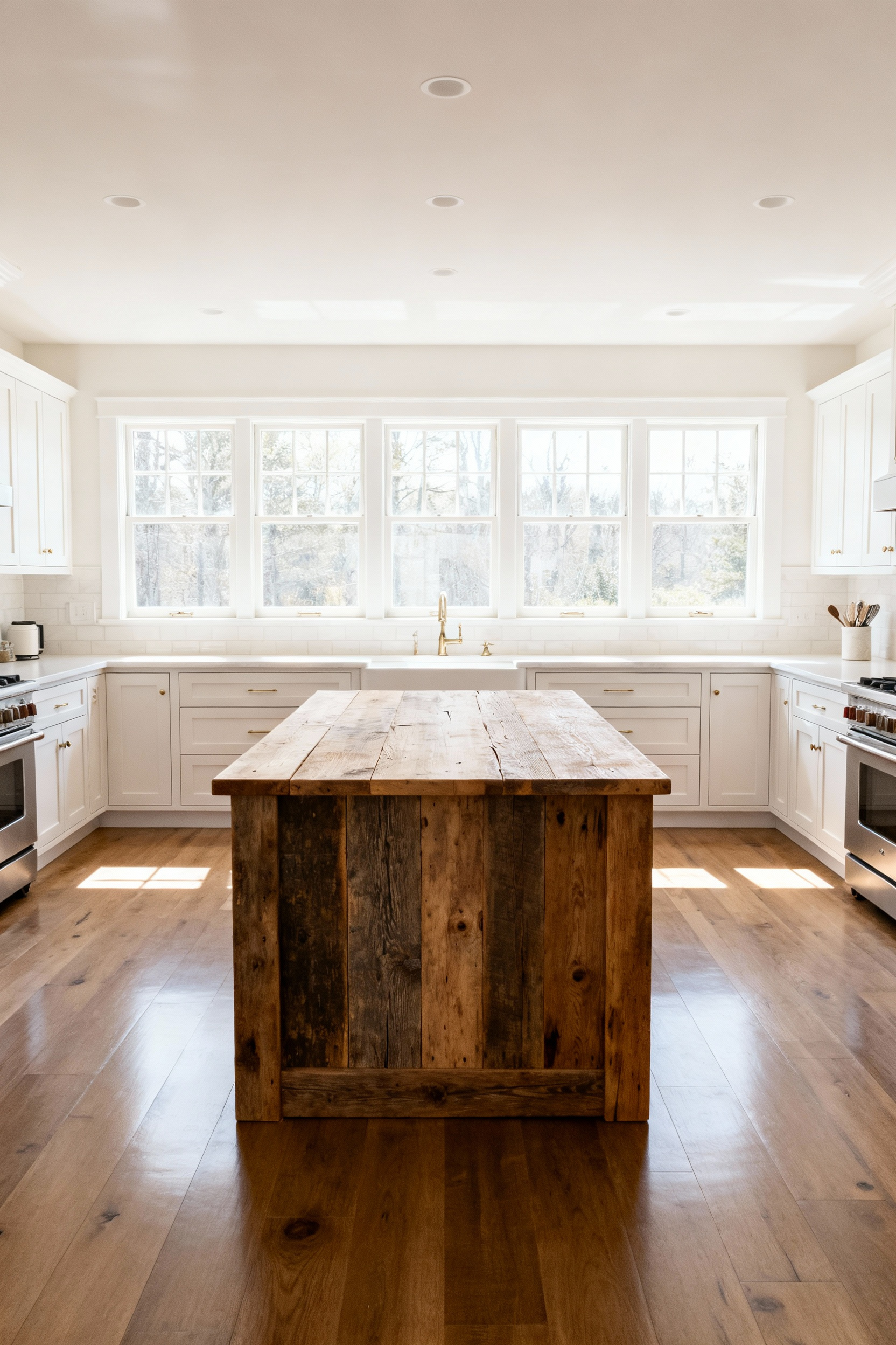 A beautifully integrated reclaimed wood farmhouse kitchen island, perfectly sized to ensure wide, clear pathways and unobstructed circulation throughout the kitchen, illuminated by natural light.