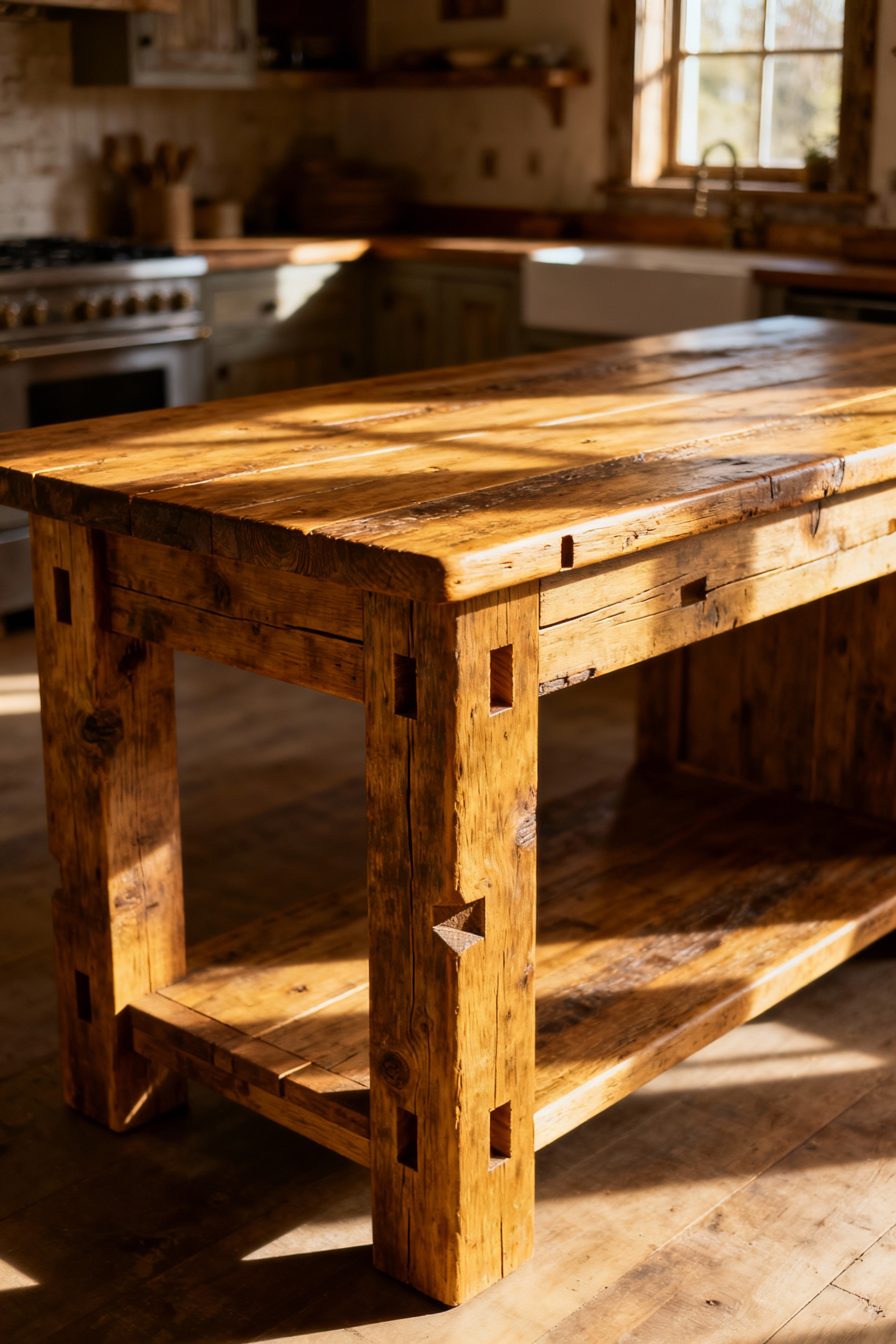 Rustic farmhouse kitchen island featuring visible hand-cut mortise and tenon and dovetail joinery, crafted from reclaimed oak, under soft natural light, showcasing traditional woodworking skill.
