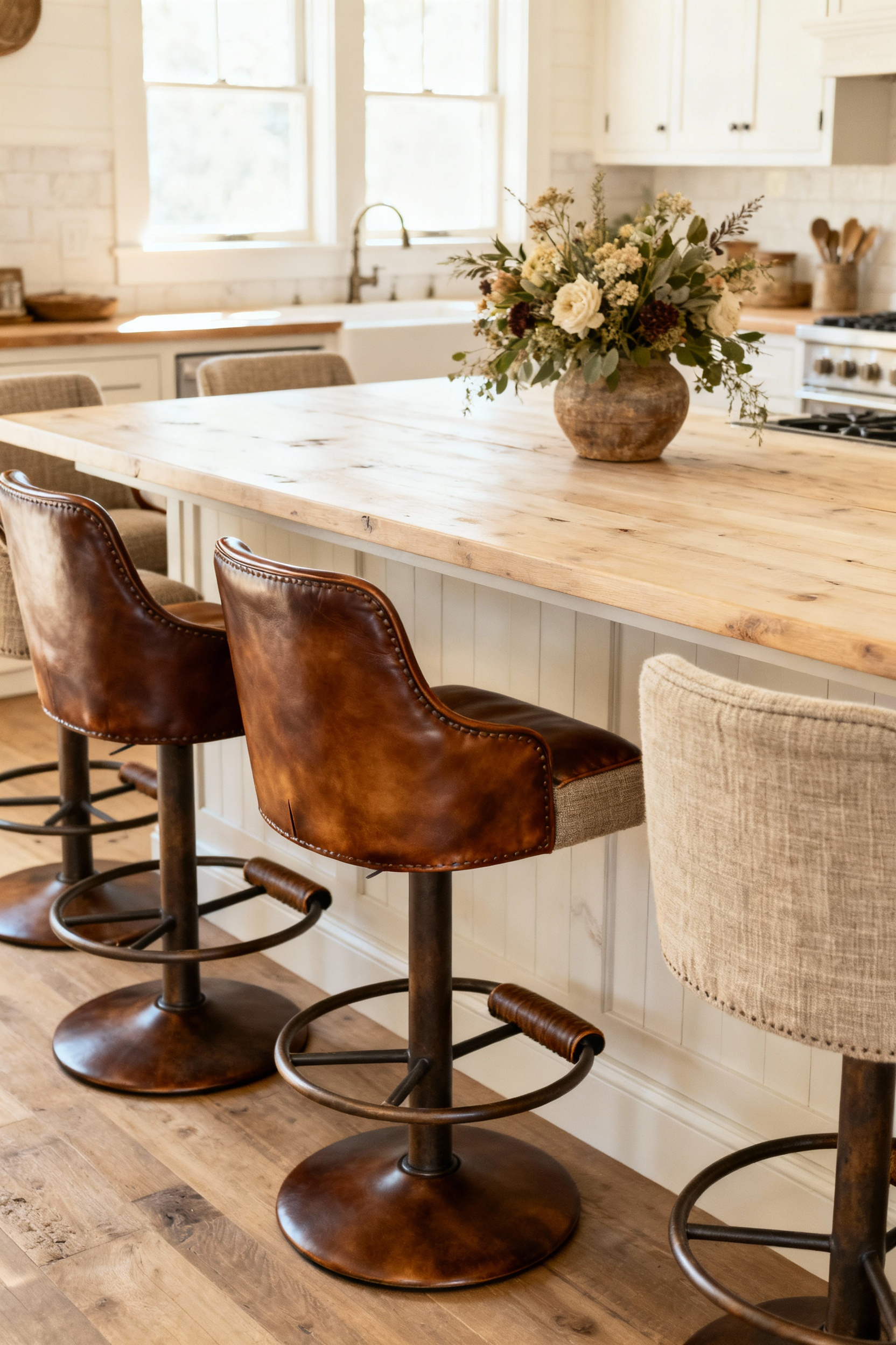 Farmhouse kitchen island with comfortable, ergonomic seating arranged to encourage family connection and dialog, featuring linen upholstered bar stools.