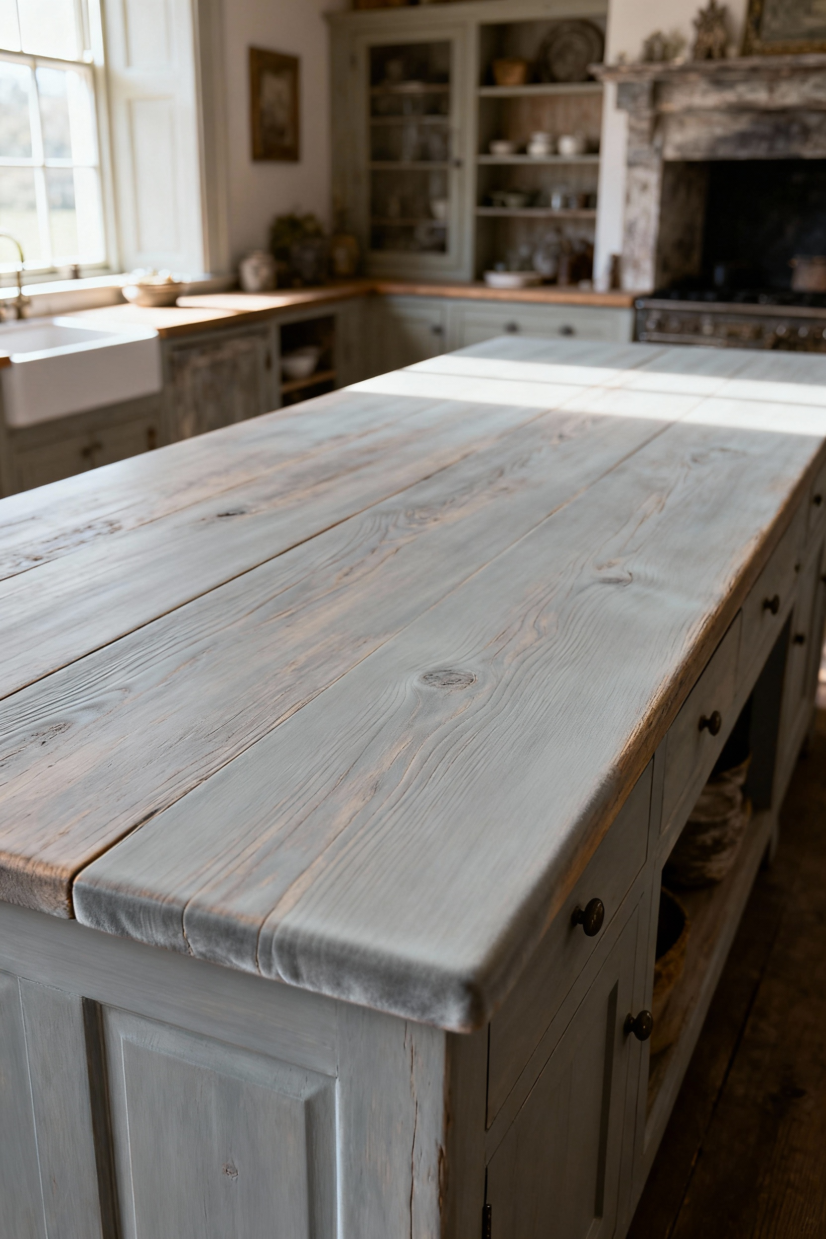 Farmhouse kitchen island with pale grey limewash finish, showing a deeply matte, velvety texture, bathed in soft natural light.
