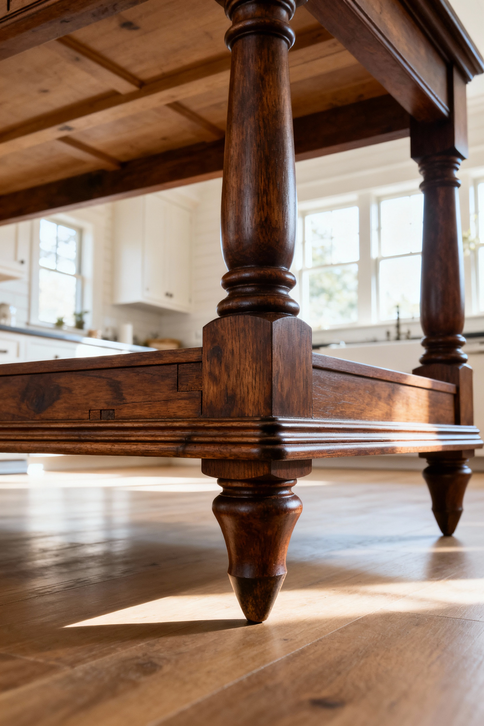 Professional photo of a farmhouse kitchen island showcasing robust, hand-turned baluster legs with subtle entasis and elegant spade feet, seamlessly integrated with a thick, ovolo-moulded apron. The base highlights expert mortise and tenon joinery, grounding the island aesthetically within the kitchen, illuminated by soft natural light.