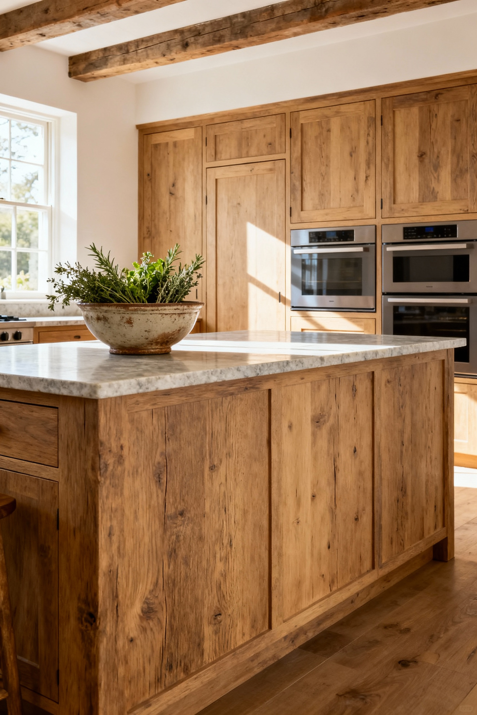 Farmhouse kitchen island made of aged white oak, featuring custom-paneled doors discreetly hiding integrated modern appliances like a beverage center or dishwasher drawers. Soapstone countertop with a ceramic bowl of herbs. Seamless design, traditional aesthetic.